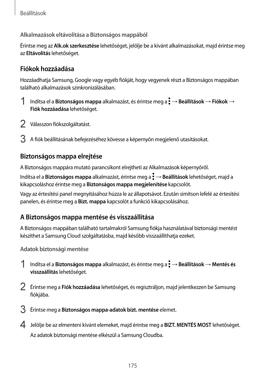 Samsung SM-A530FZKDXEH manual Fiókok hozzáadása, Biztonságos mappa elrejtése, Biztonságos mappa mentése és visszaállítása 