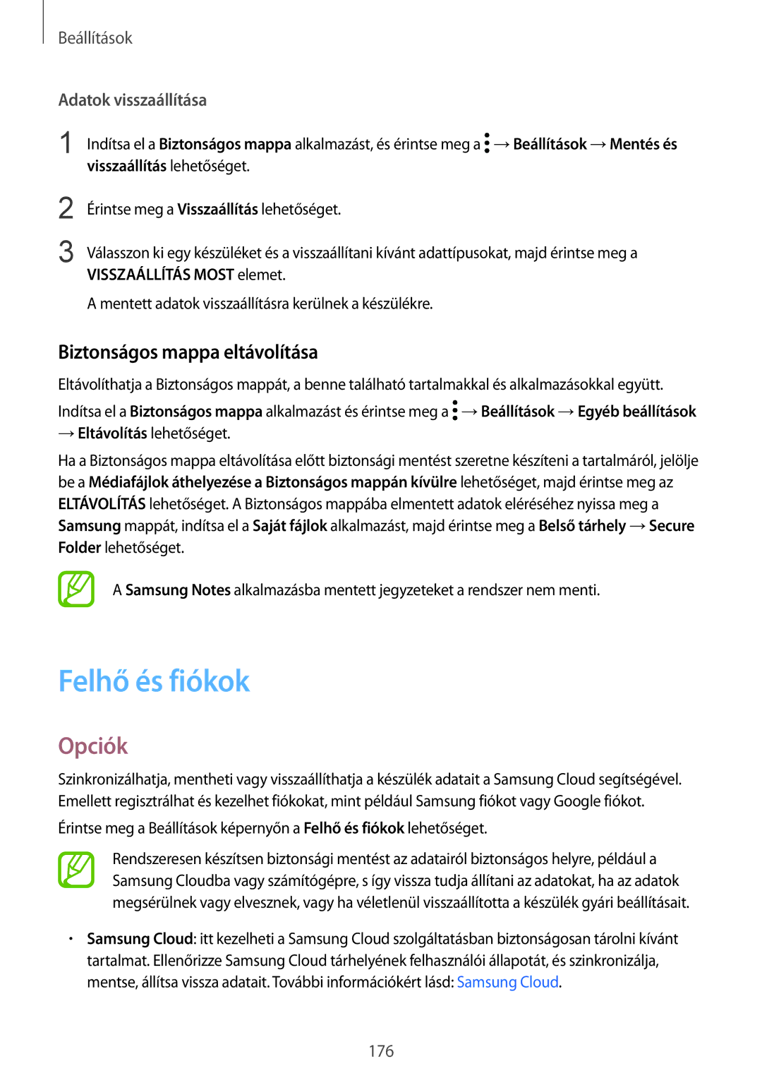 Samsung SM-A530FZVDXEH, SM-A530FZDDXEH manual Felhő és fiókok, Biztonságos mappa eltávolítása, Adatok visszaállítása 