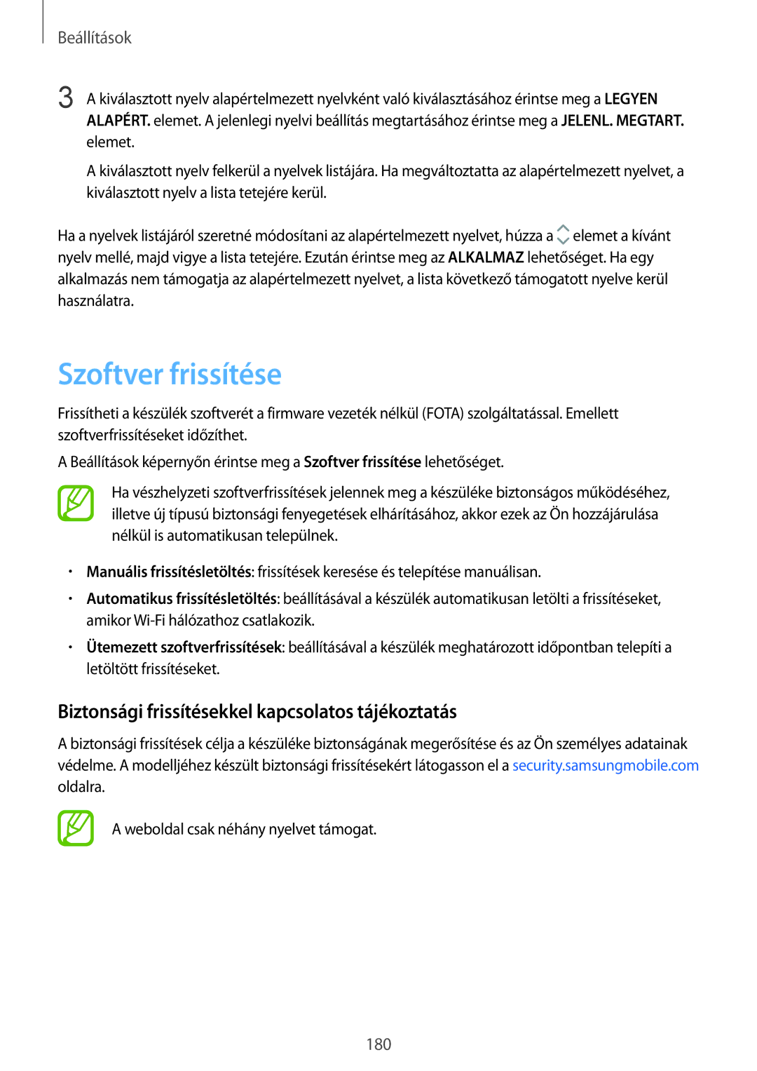 Samsung SM-A530FZDDXEH, SM-A530FZKDXEH manual Szoftver frissítése, Biztonsági frissítésekkel kapcsolatos tájékoztatás 