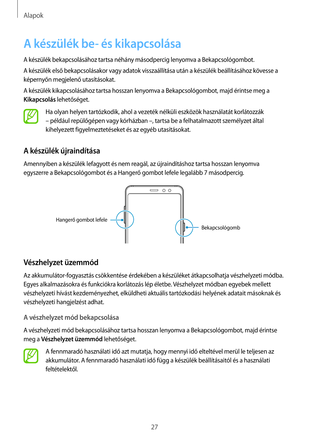 Samsung SM-A530FZVAPAN, SM-A530FZDDXEH manual Készülék be- és kikapcsolása, Készülék újraindítása, Vészhelyzet üzemmód 