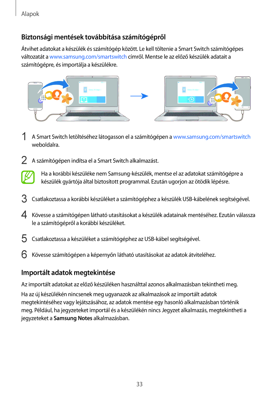 Samsung SM-A530FZVAPAN manual Biztonsági mentések továbbítása számítógépről, Importált adatok megtekintése, Weboldalra 