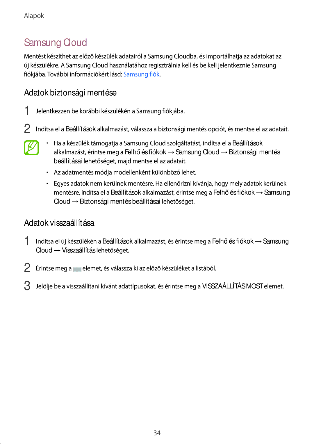 Samsung SM-A530FZKAPAN, SM-A530FZDDXEH, SM-A530FZKDXEH manual Samsung Cloud, Adatok biztonsági mentése, Adatok visszaállítása 