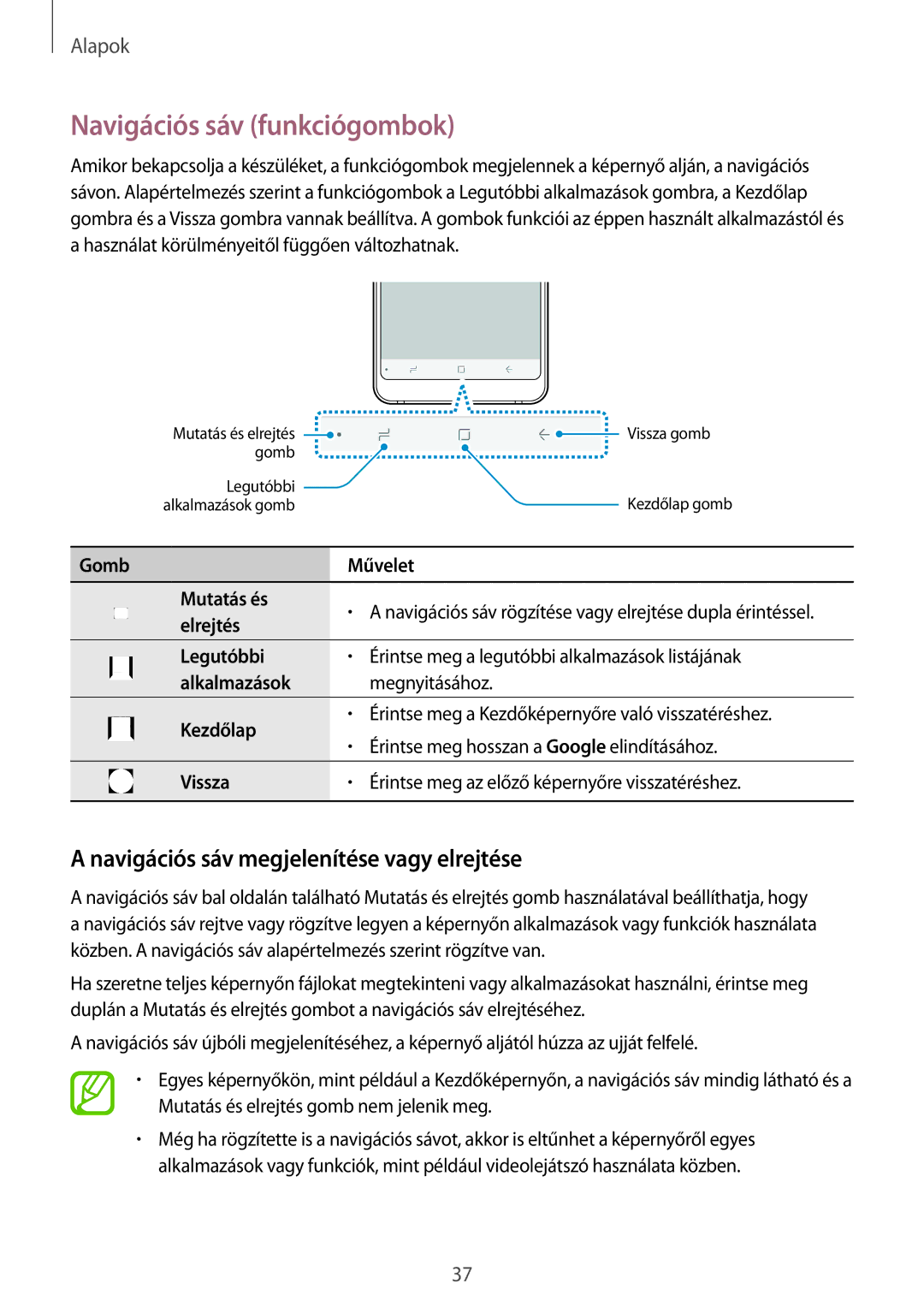 Samsung SM-A530FZKDXEH, SM-A530FZDDXEH manual Navigációs sáv funkciógombok, Navigációs sáv megjelenítése vagy elrejtése 