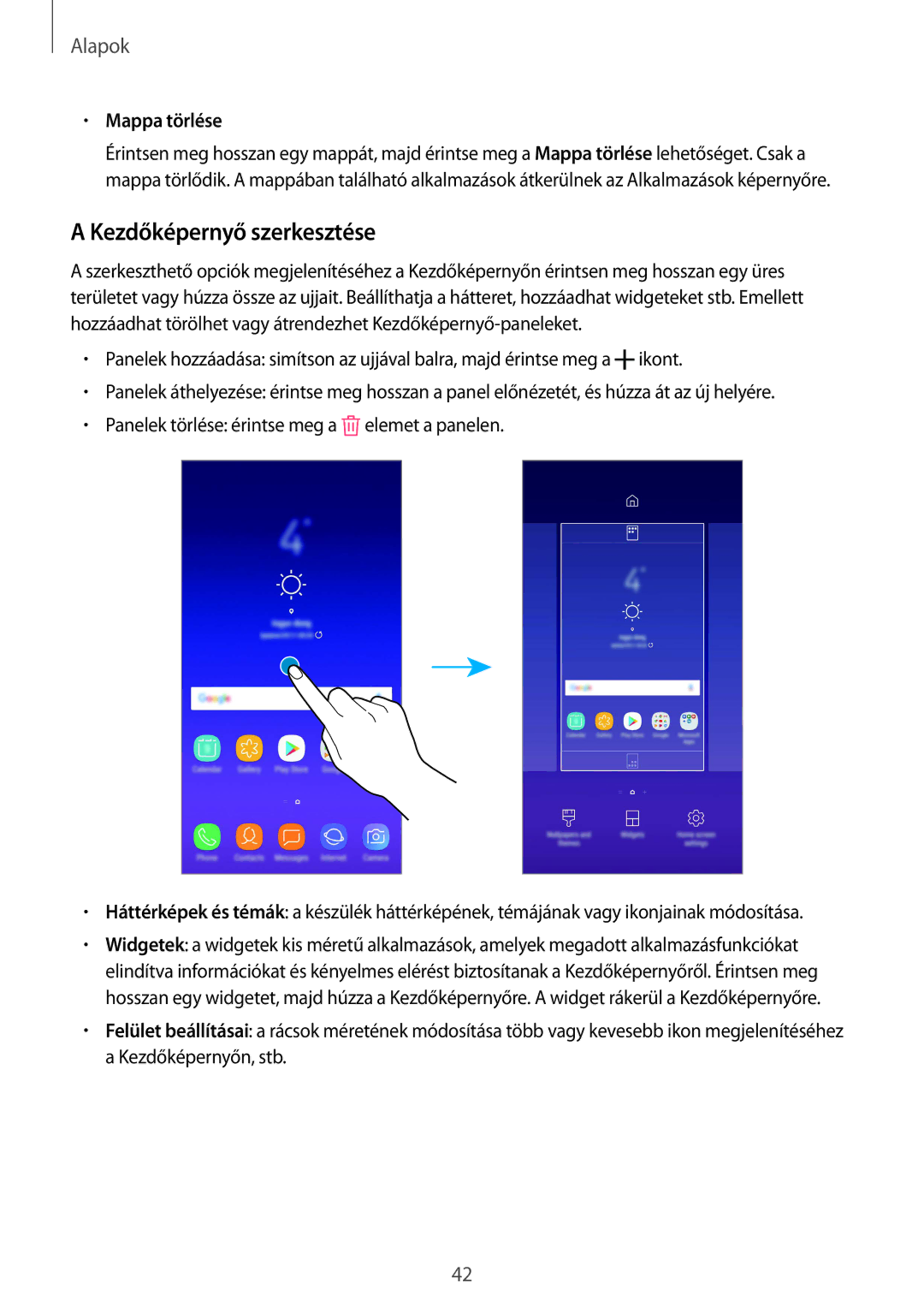 Samsung SM-A530FZDDXEH, SM-A530FZKDXEH, SM-A530FZVDXEH, SM-A530FZVAPAN manual Kezdőképernyő szerkesztése, Mappa törlése 