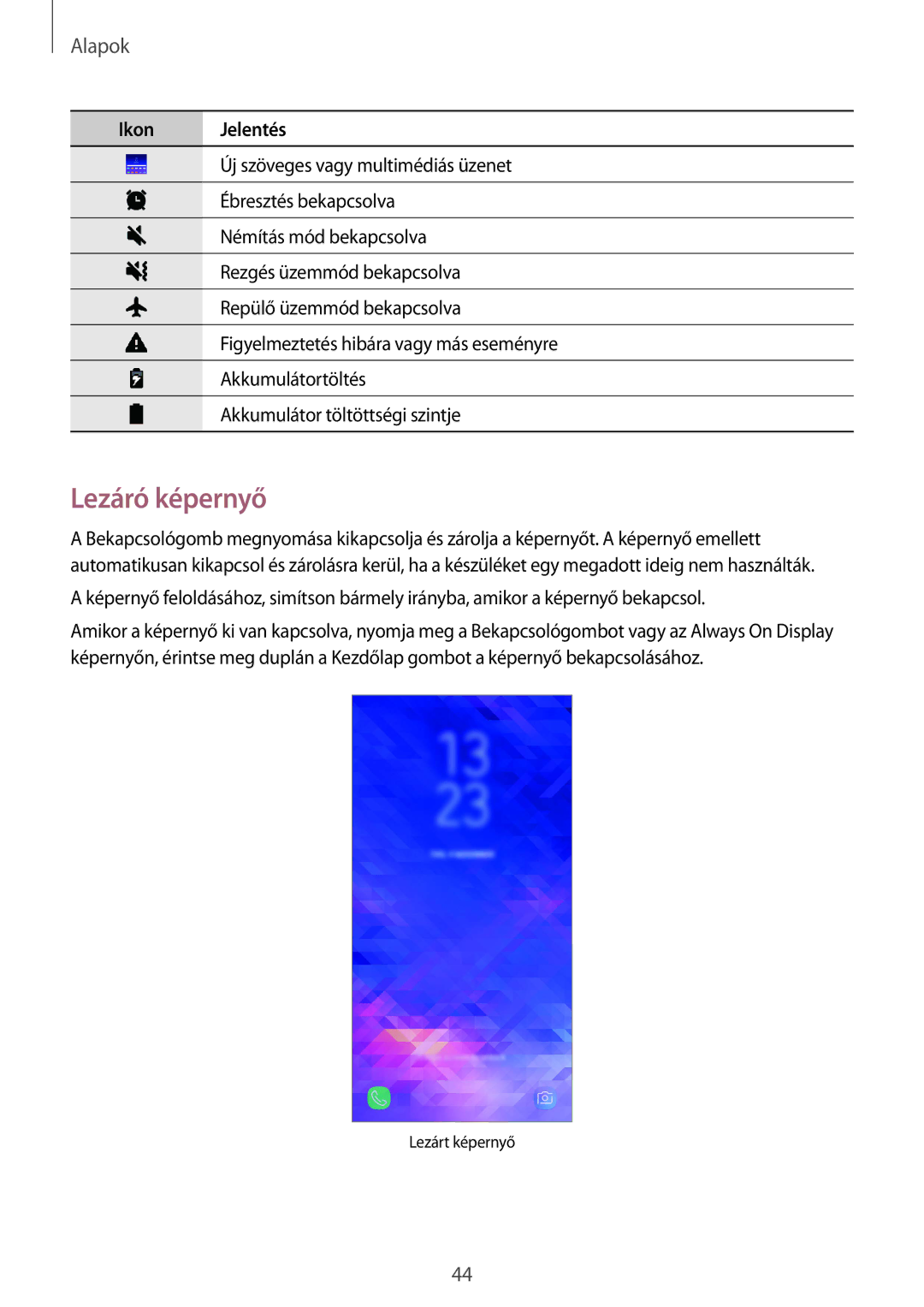 Samsung SM-A530FZVDXEH, SM-A530FZDDXEH, SM-A530FZKDXEH, SM-A530FZVAPAN, SM-A530FZKAPAN, SM-A530FZDAPAN manual Lezáró képernyő 