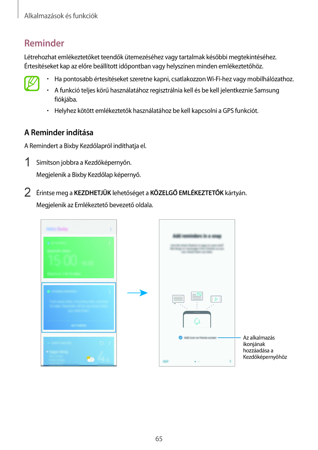 Samsung SM-A530FZDAPAN, SM-A530FZDDXEH, SM-A530FZKDXEH Reminder indítása, Megjelenik az Emlékeztető bevezető oldala 