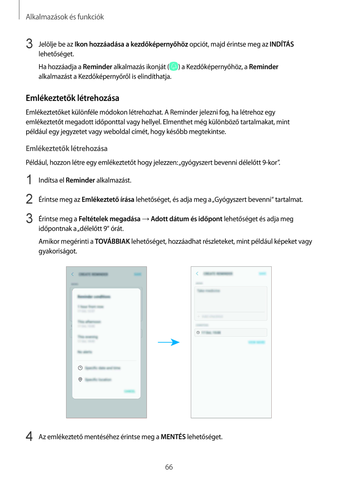 Samsung SM-A530FZDDXEH, SM-A530FZKDXEH, SM-A530FZVDXEH, SM-A530FZVAPAN, SM-A530FZKAPAN manual Emlékeztetők létrehozása 