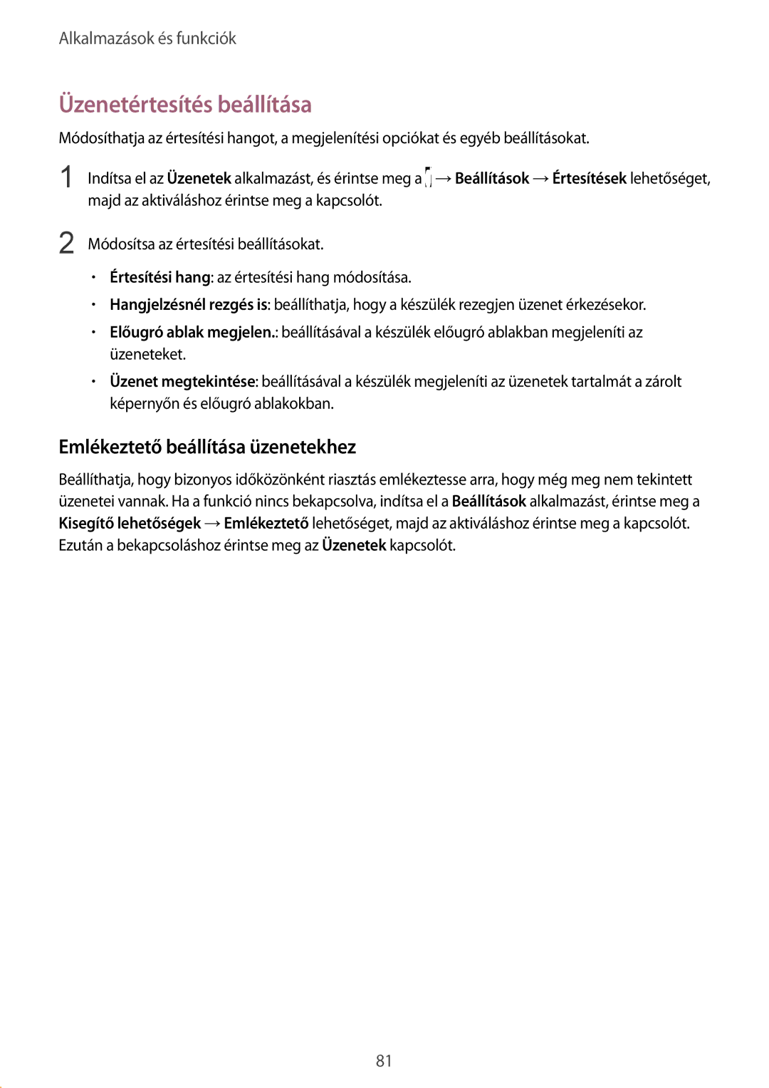 Samsung SM-A530FZVAPAN, SM-A530FZDDXEH, SM-A530FZKDXEH manual Üzenetértesítés beállítása, Emlékeztető beállítása üzenetekhez 