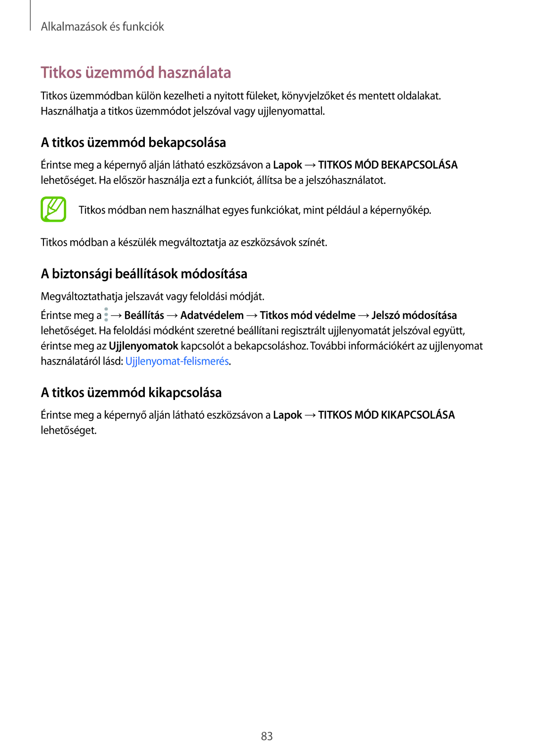 Samsung SM-A530FZDAPAN manual Titkos üzemmód használata, Titkos üzemmód bekapcsolása, Biztonsági beállítások módosítása 