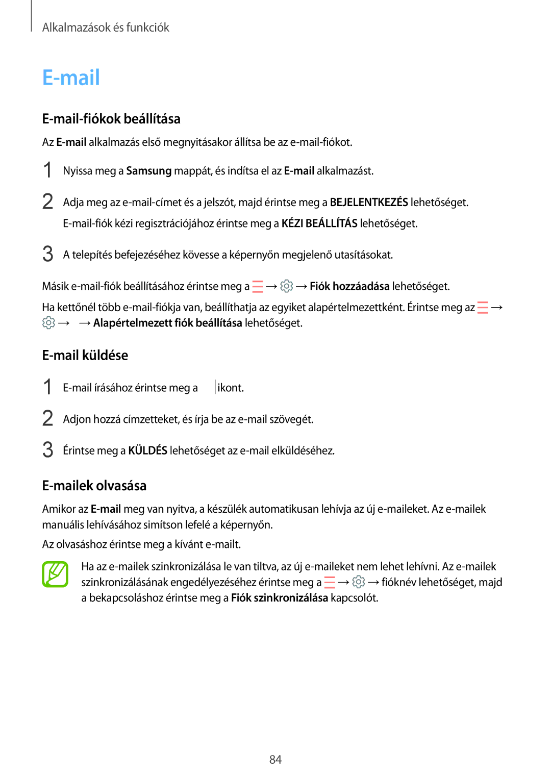 Samsung SM-A530FZDDXEH, SM-A530FZKDXEH, SM-A530FZVDXEH manual Mail-fiókok beállítása, Mail küldése, Mailek olvasása 