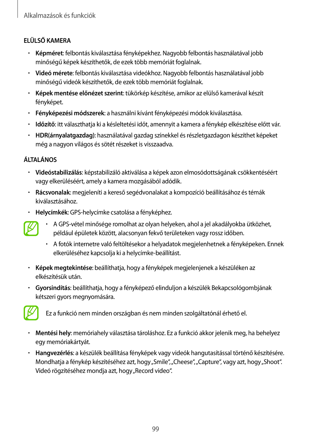 Samsung SM-A530FZVAPAN, SM-A530FZDDXEH, SM-A530FZKDXEH, SM-A530FZVDXEH, SM-A530FZKAPAN, SM-A530FZDAPAN manual Elülső Kamera 