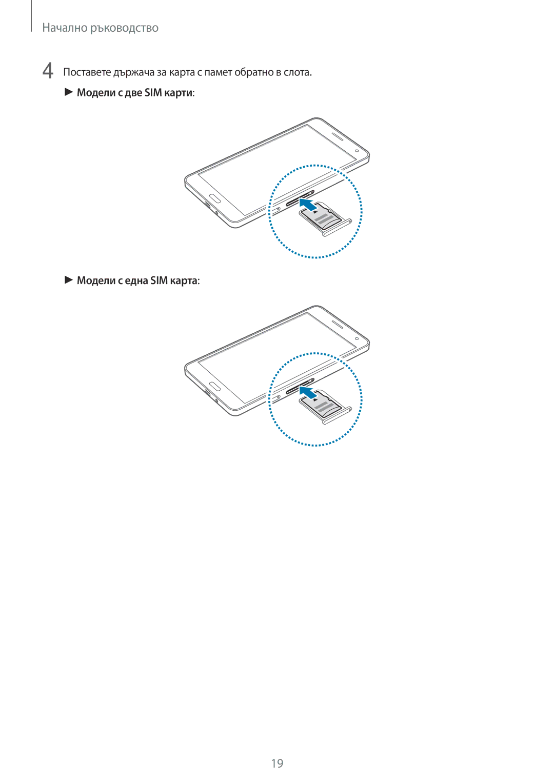 Samsung SM-A700FZKABGL Поставете държача за карта с памет обратно в слота, Модели с две SIM карти Модели с една SIM карта 
