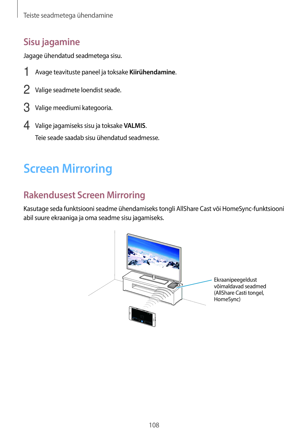 Samsung SM-A700FZDASEB, SM-A700FZWASEB, SM-A700FZKASEB manual Sisu jagamine, Rakendusest Screen Mirroring 