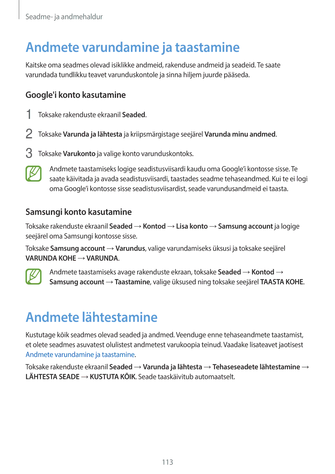 Samsung SM-A700FZKASEB, SM-A700FZDASEB Andmete varundamine ja taastamine, Andmete lähtestamine, Googlei konto kasutamine 