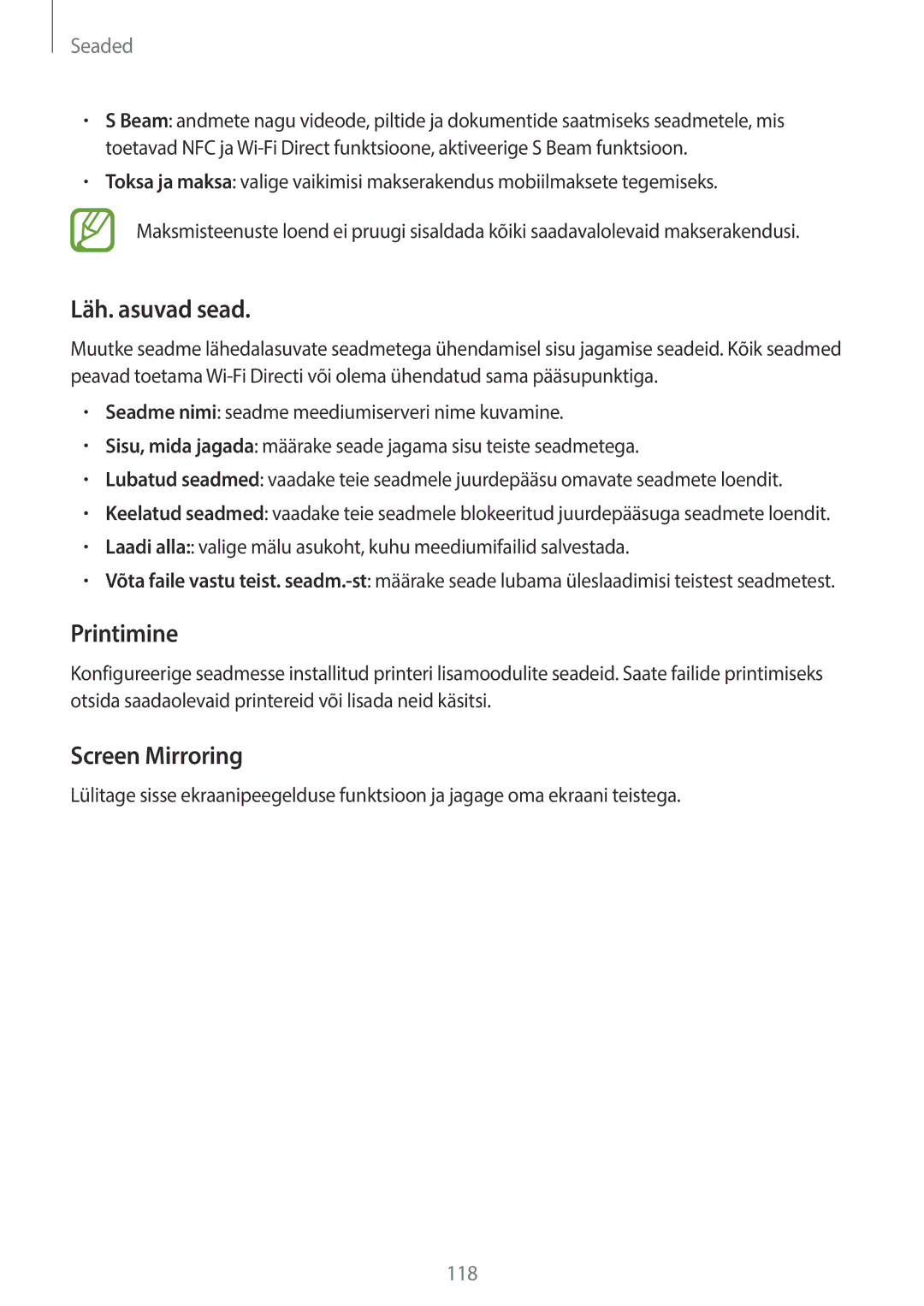 Samsung SM-A700FZWASEB, SM-A700FZDASEB, SM-A700FZKASEB manual Läh. asuvad sead, Printimine, Screen Mirroring 