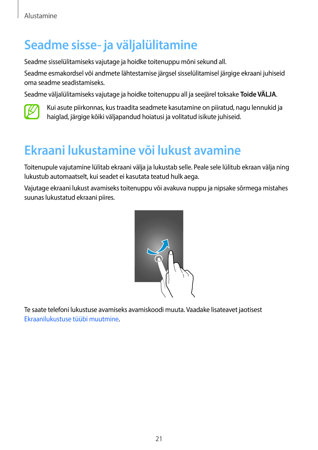 Samsung SM-A700FZDASEB, SM-A700FZWASEB manual Seadme sisse- ja väljalülitamine, Ekraani lukustamine või lukust avamine 