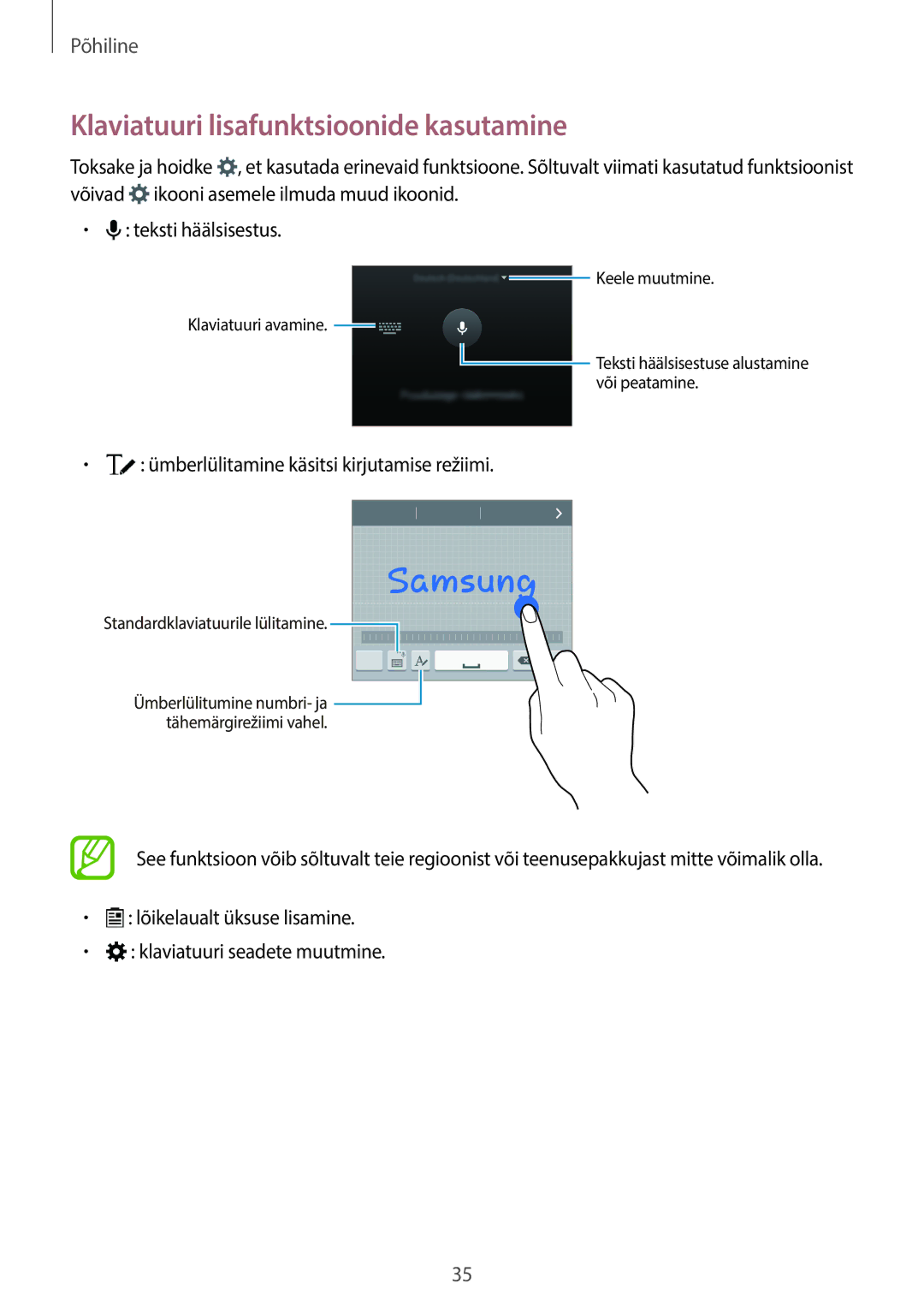 Samsung SM-A700FZKASEB, SM-A700FZDASEB, SM-A700FZWASEB manual Klaviatuuri lisafunktsioonide kasutamine 