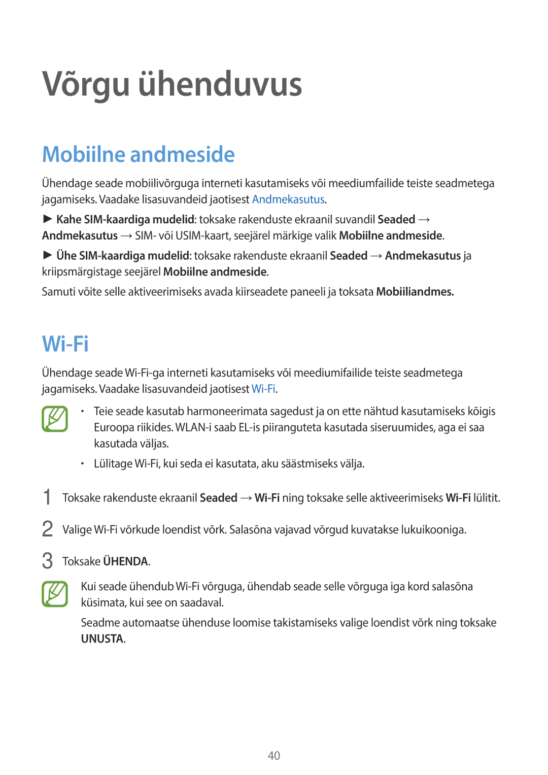 Samsung SM-A700FZWASEB, SM-A700FZDASEB, SM-A700FZKASEB manual Võrgu ühenduvus, Mobiilne andmeside, Wi-Fi 