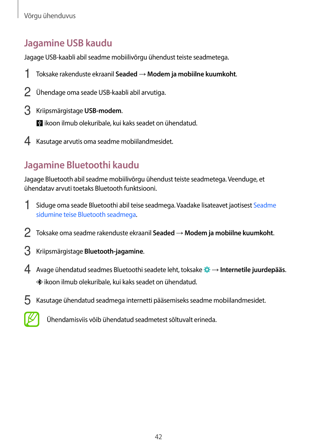 Samsung SM-A700FZDASEB, SM-A700FZWASEB, SM-A700FZKASEB manual Jagamine USB kaudu, Jagamine Bluetoothi kaudu 