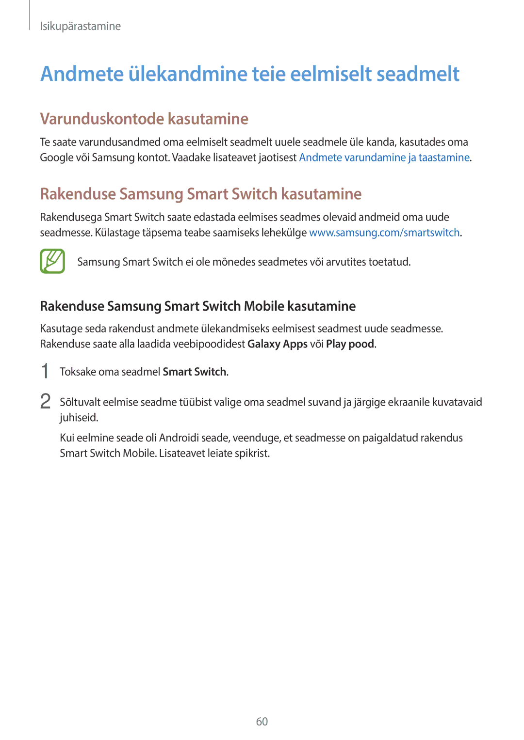 Samsung SM-A700FZDASEB, SM-A700FZWASEB manual Varunduskontode kasutamine, Rakenduse Samsung Smart Switch kasutamine 