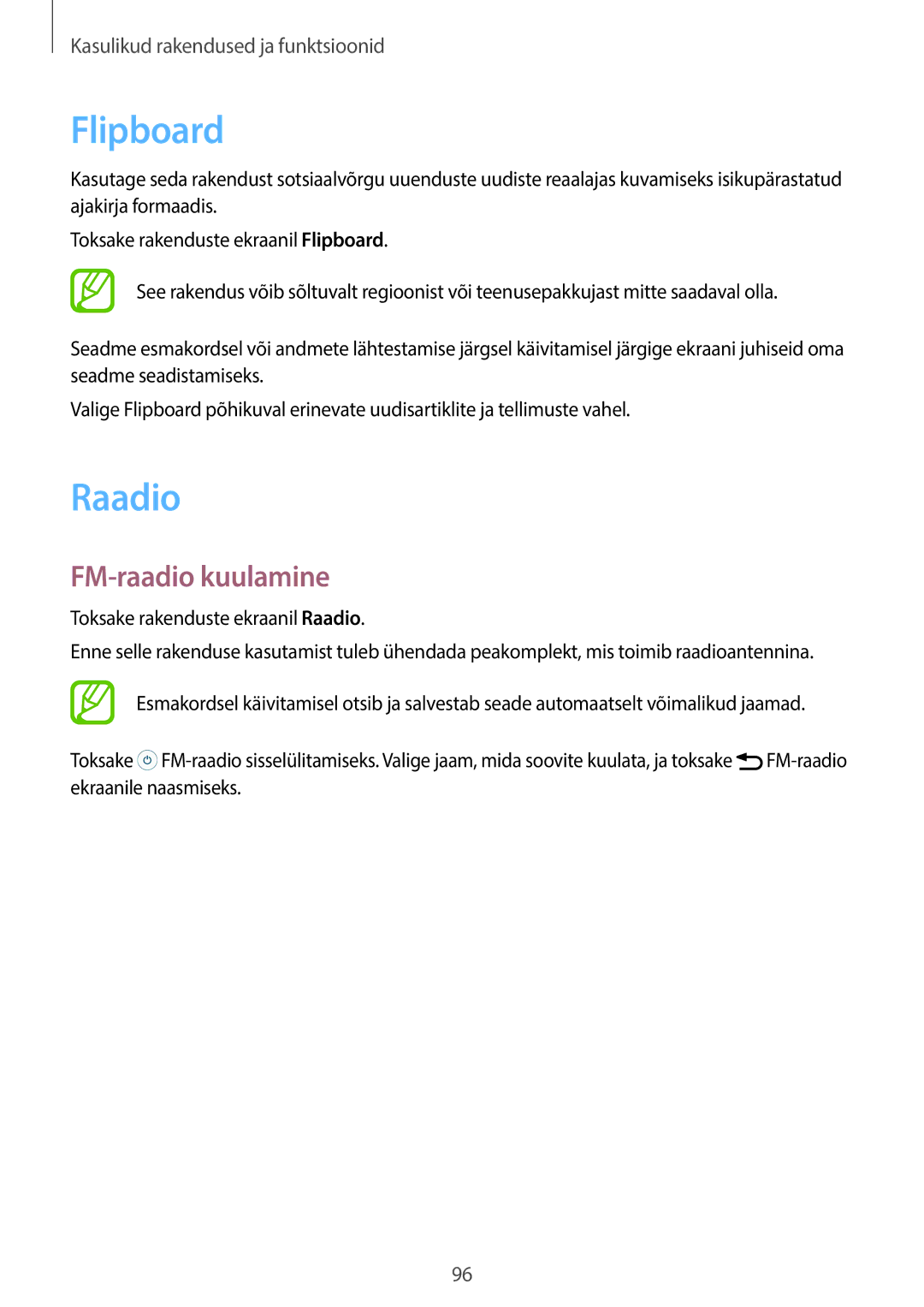 Samsung SM-A700FZDASEB, SM-A700FZWASEB, SM-A700FZKASEB manual Flipboard, Raadio, FM-raadio kuulamine 