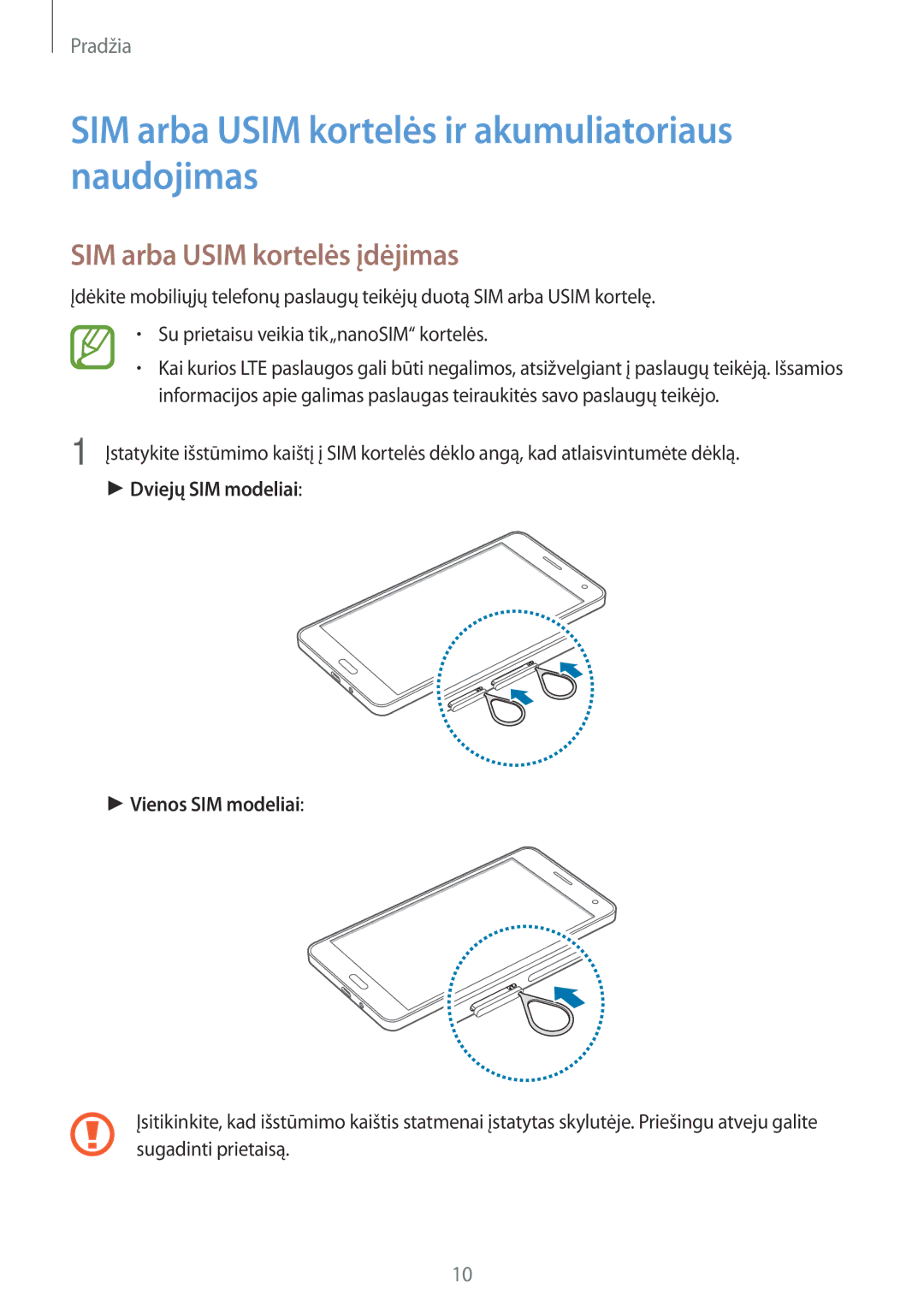 Samsung SM-A700FZWASEB manual SIM arba Usim kortelės ir akumuliatoriaus naudojimas, SIM arba Usim kortelės įdėjimas 