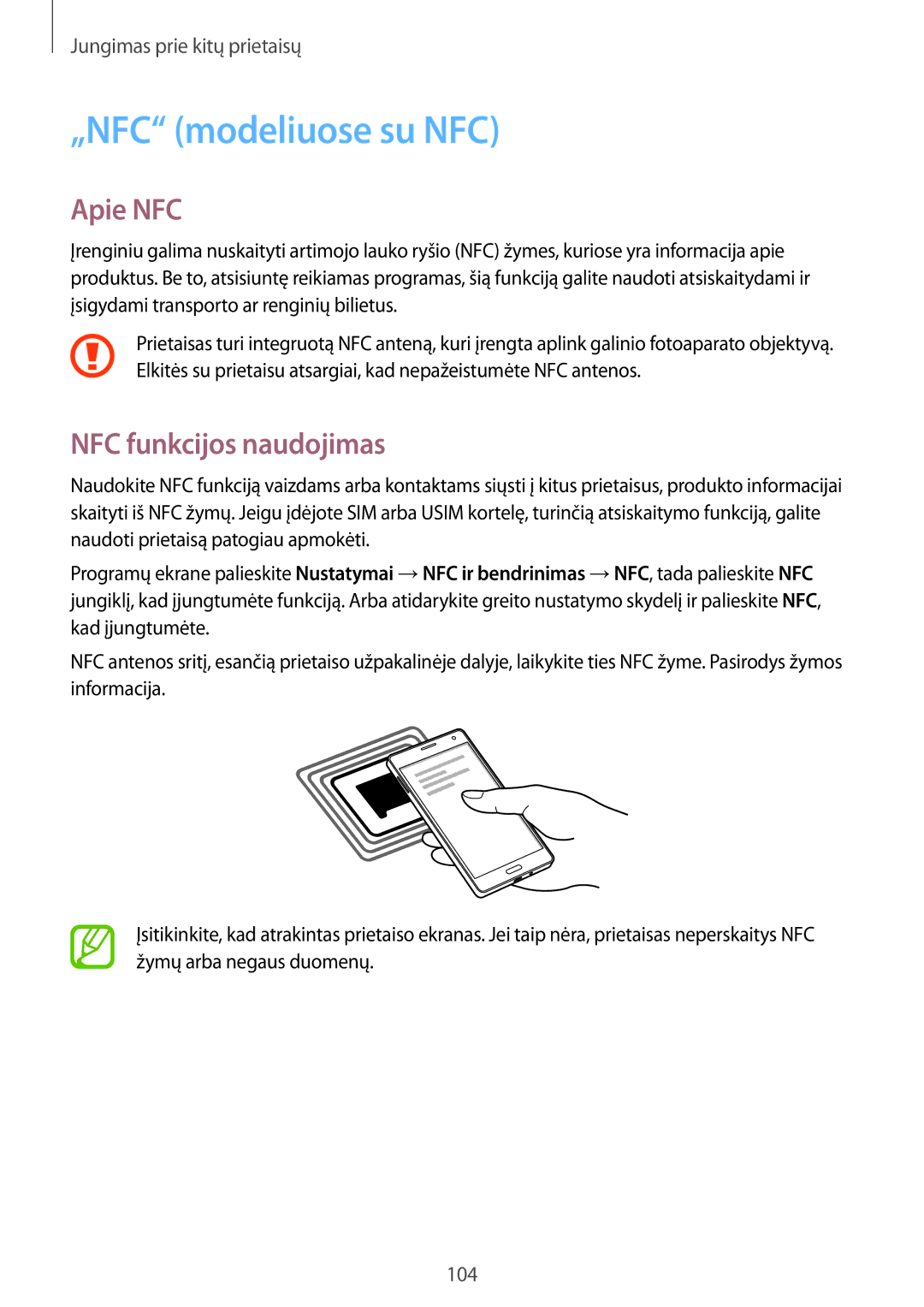 Samsung SM-A700FZKASEB, SM-A700FZDASEB, SM-A700FZWASEB manual „NFC modeliuose su NFC, Apie NFC, NFC funkcijos naudojimas 