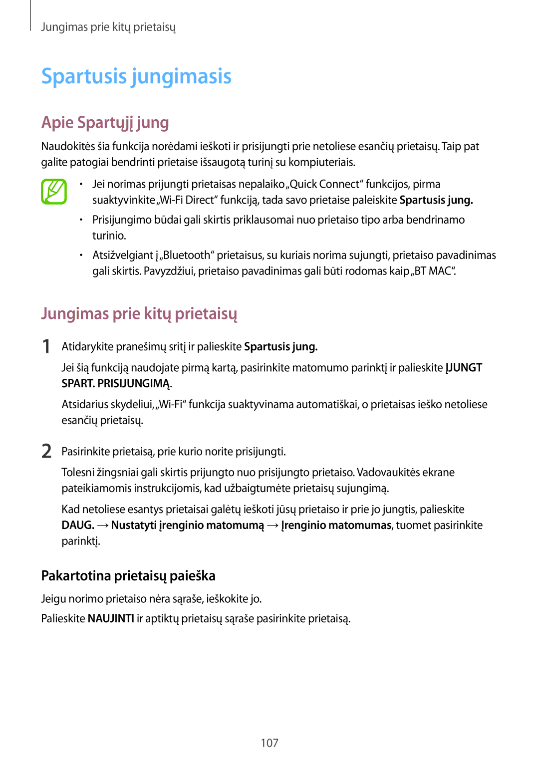 Samsung SM-A700FZKASEB, SM-A700FZDASEB manual Spartusis jungimasis, Apie Spartųjį jung, Pakartotina prietaisų paieška 