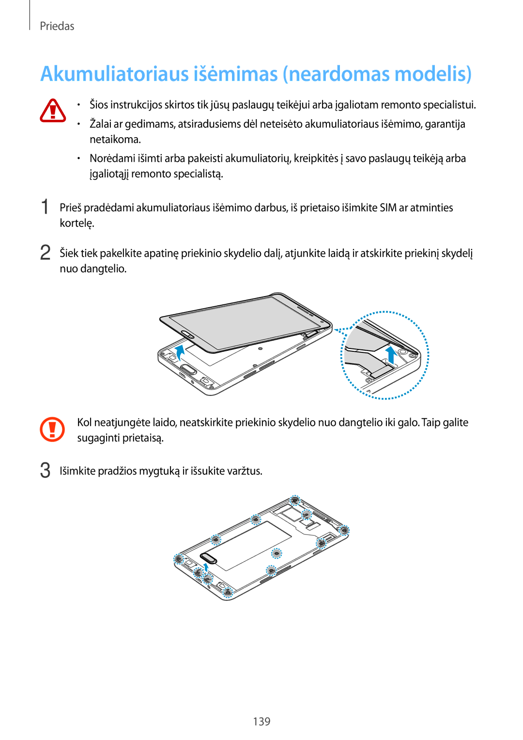 Samsung SM-A700FZWASEB, SM-A700FZDASEB, SM-A700FZKASEB manual Akumuliatoriaus išėmimas neardomas modelis 