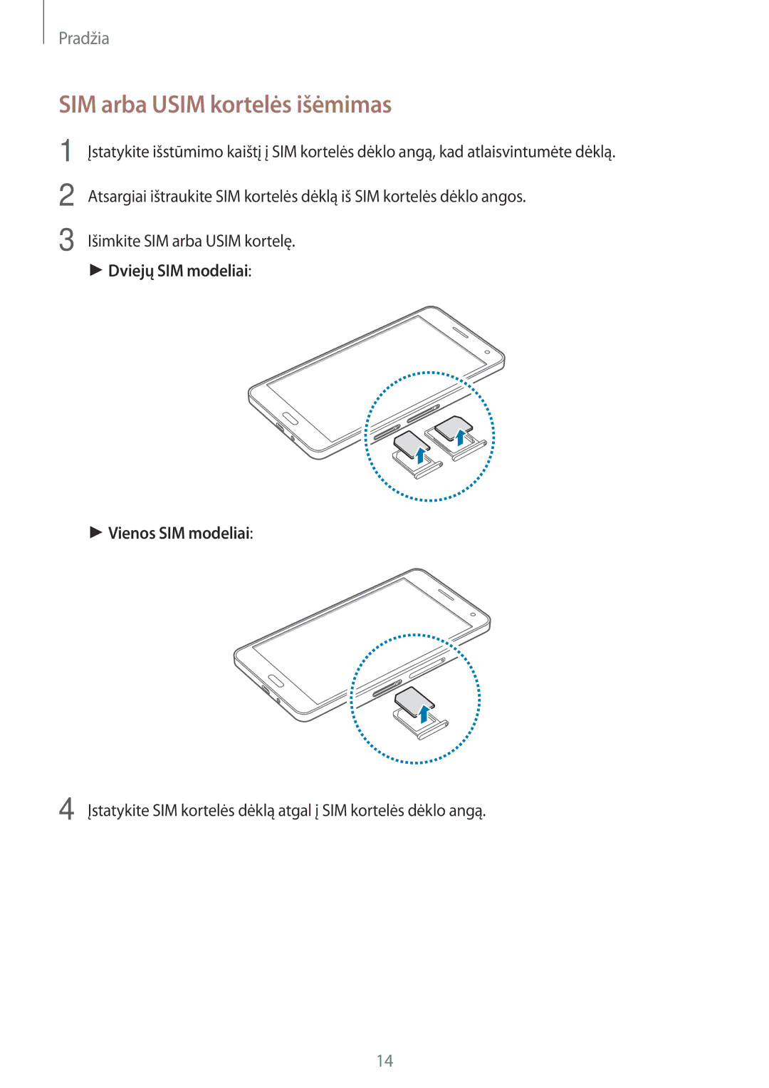 Samsung SM-A700FZKASEB, SM-A700FZDASEB, SM-A700FZWASEB manual SIM arba Usim kortelės išėmimas 