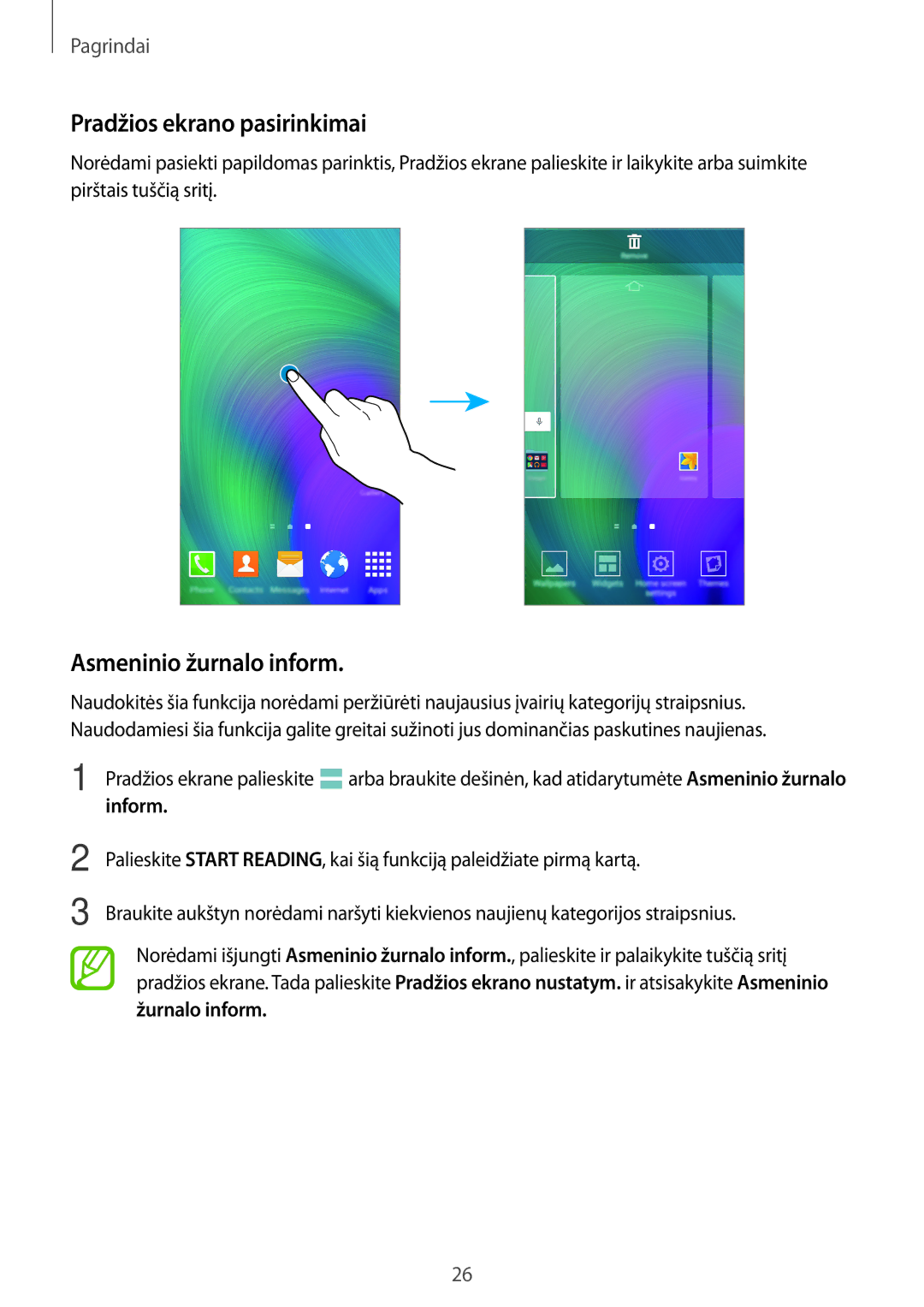 Samsung SM-A700FZKASEB, SM-A700FZDASEB, SM-A700FZWASEB manual Pradžios ekrano pasirinkimai, Asmeninio žurnalo inform, Inform 