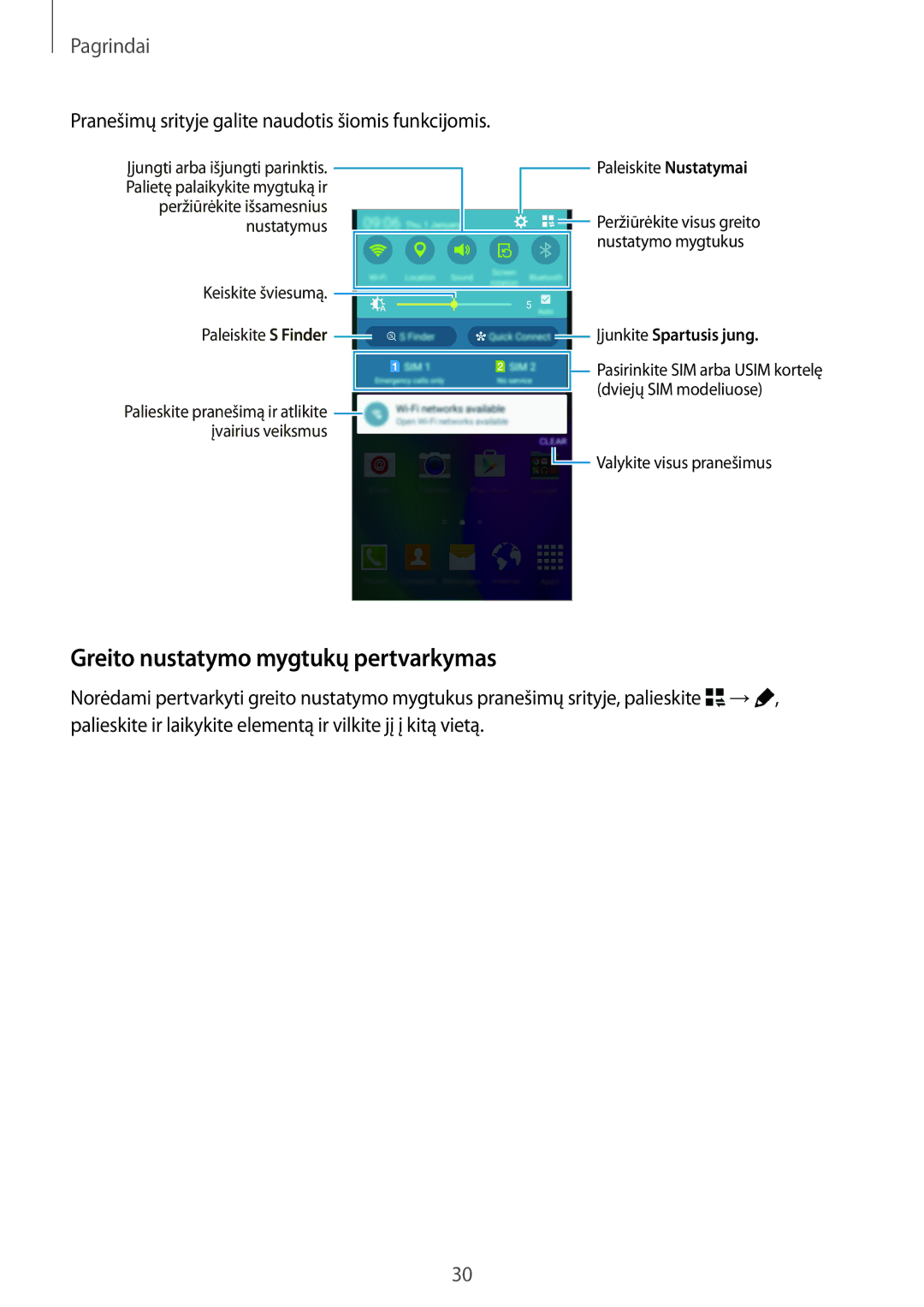 Samsung SM-A700FZDASEB manual Greito nustatymo mygtukų pertvarkymas, Pranešimų srityje galite naudotis šiomis funkcijomis 