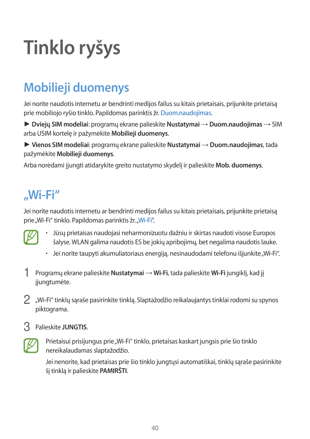 Samsung SM-A700FZWASEB, SM-A700FZDASEB, SM-A700FZKASEB manual Tinklo ryšys, Mobilieji duomenys, „Wi-Fi 