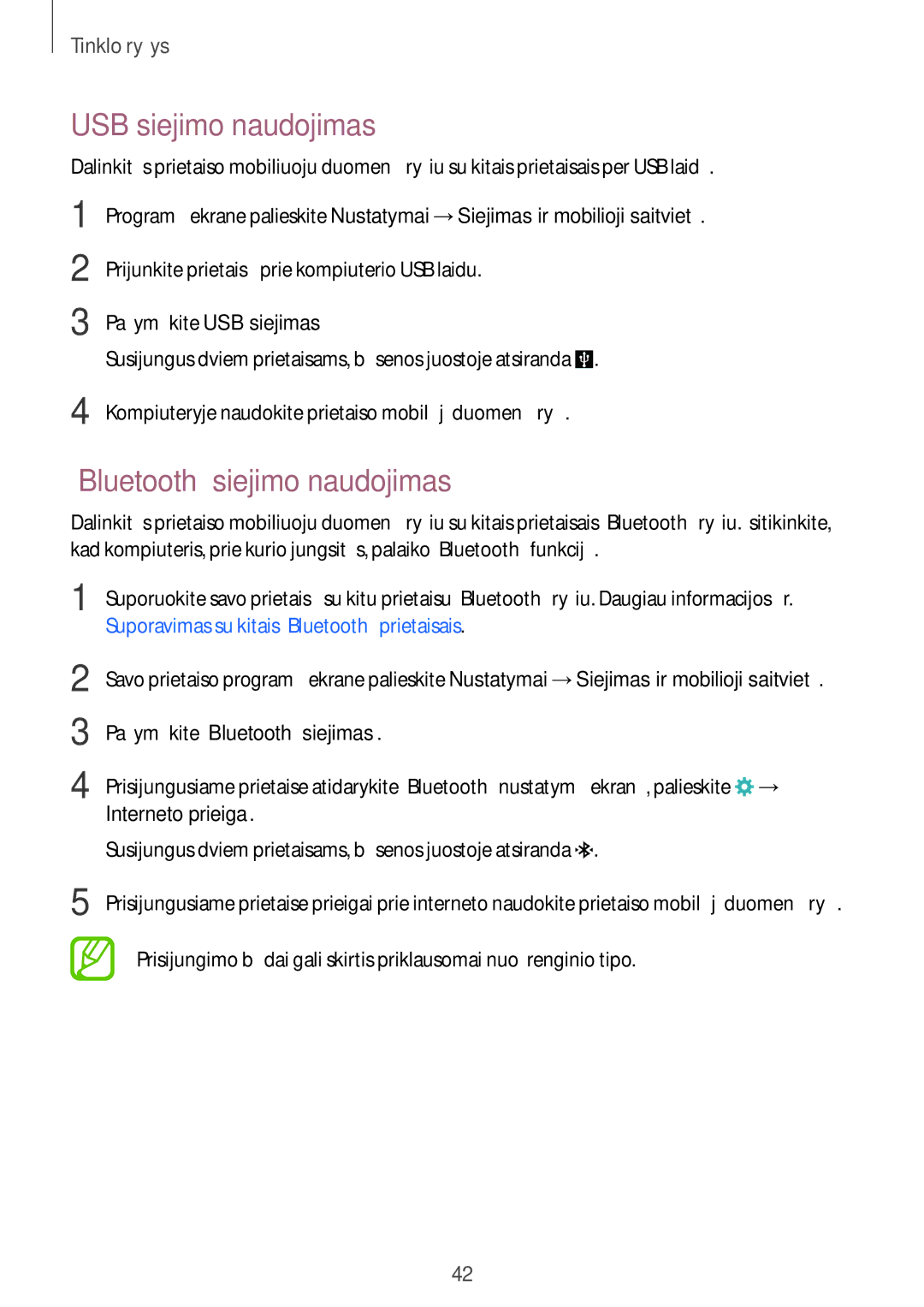 Samsung SM-A700FZDASEB manual USB siejimo naudojimas, „Bluetooth siejimo naudojimas, Pažymėkite „Bluetooth siejimas 