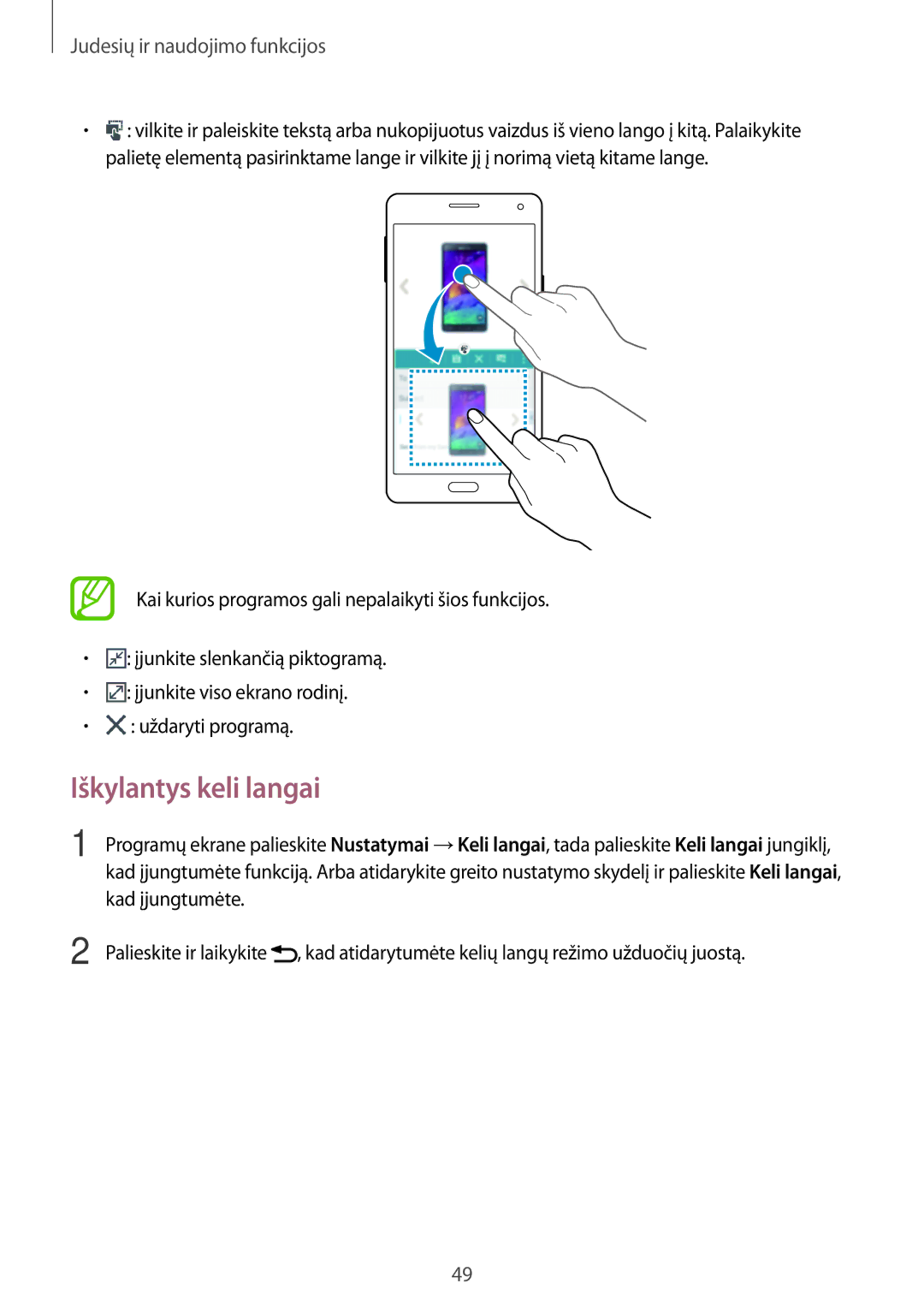 Samsung SM-A700FZWASEB, SM-A700FZDASEB, SM-A700FZKASEB manual Iškylantys keli langai 