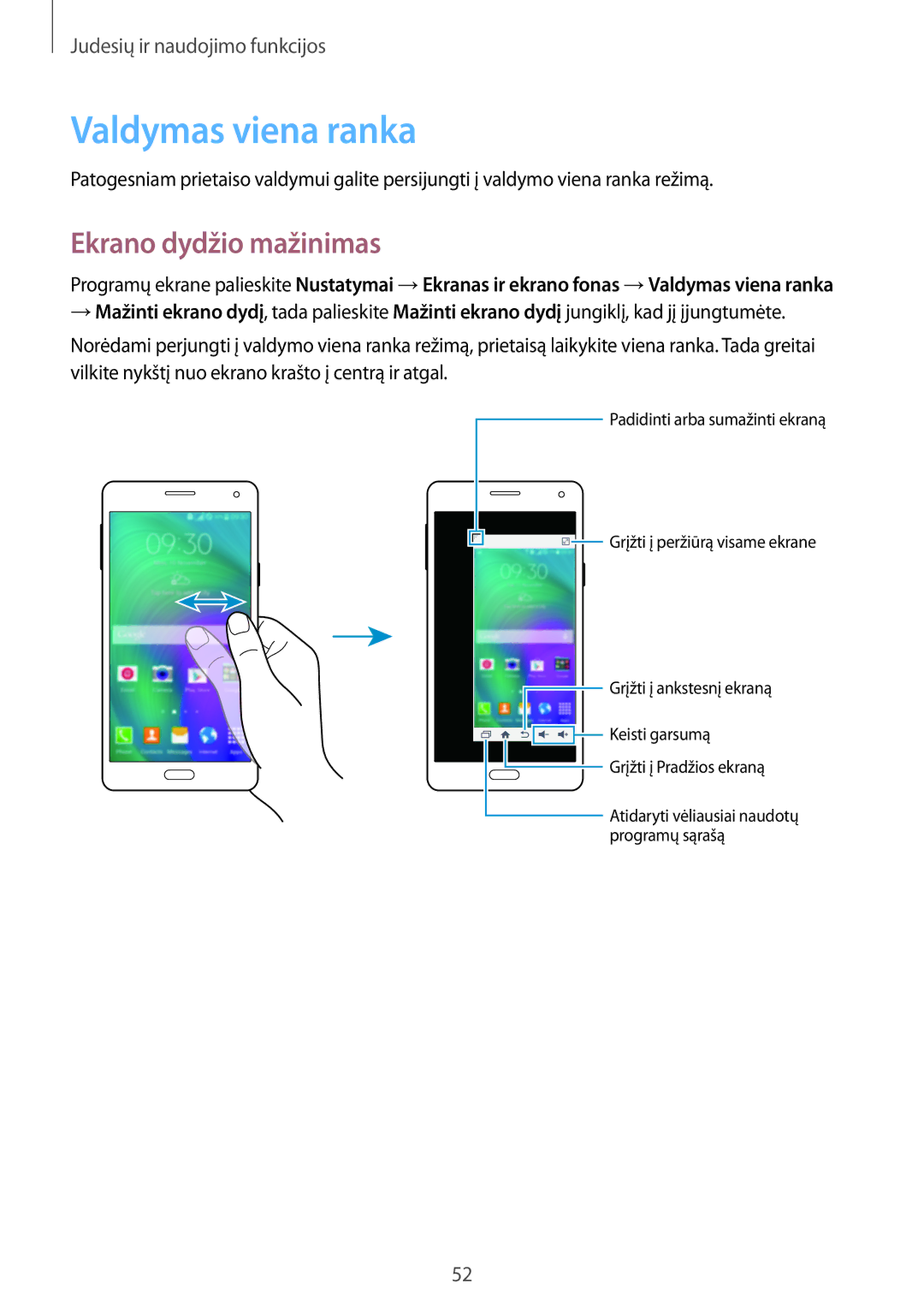 Samsung SM-A700FZWASEB, SM-A700FZDASEB, SM-A700FZKASEB manual Valdymas viena ranka, Ekrano dydžio mažinimas 