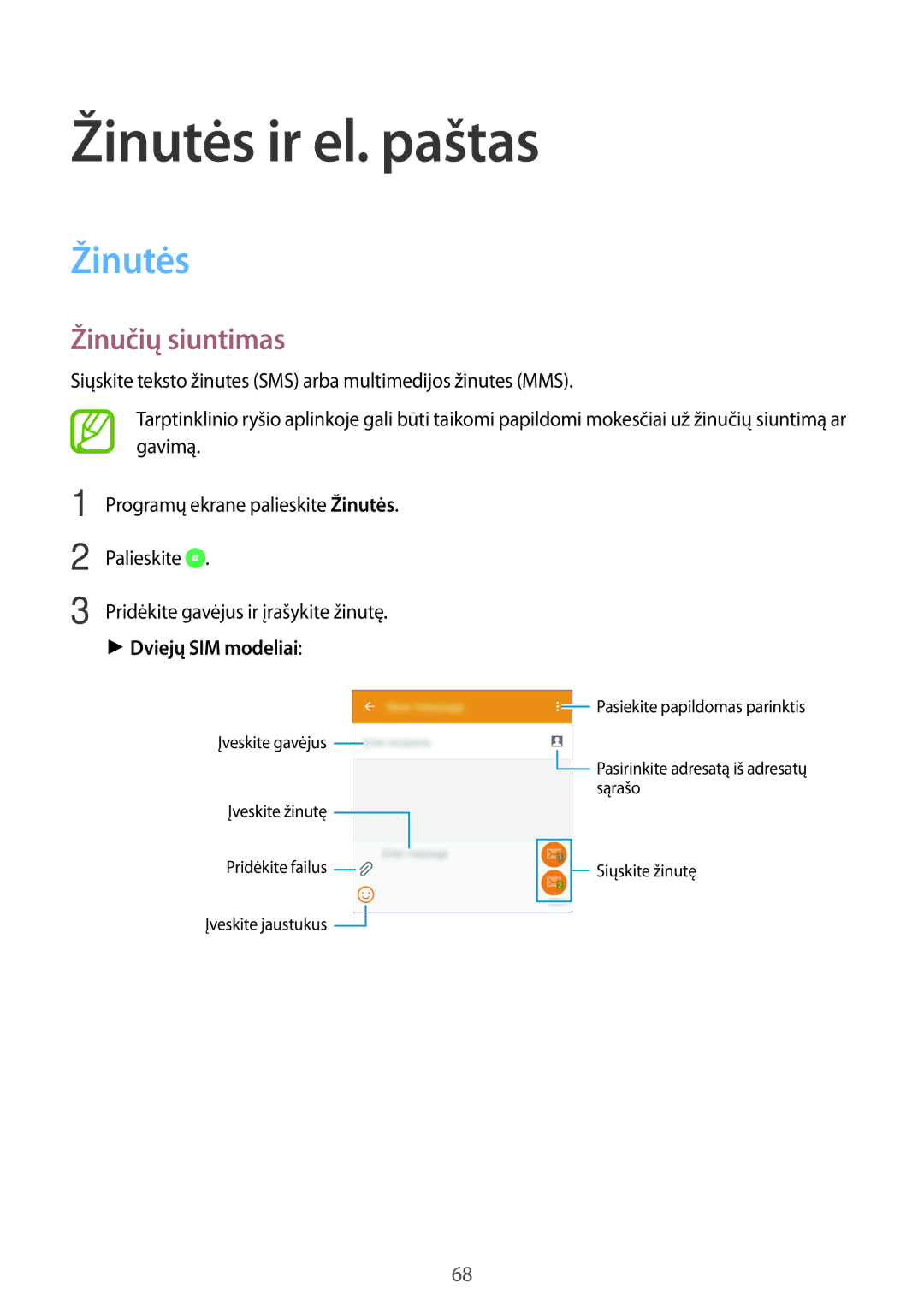 Samsung SM-A700FZKASEB, SM-A700FZDASEB, SM-A700FZWASEB manual Žinutės ir el. paštas, Žinučių siuntimas, Dviejų SIM modeliai 