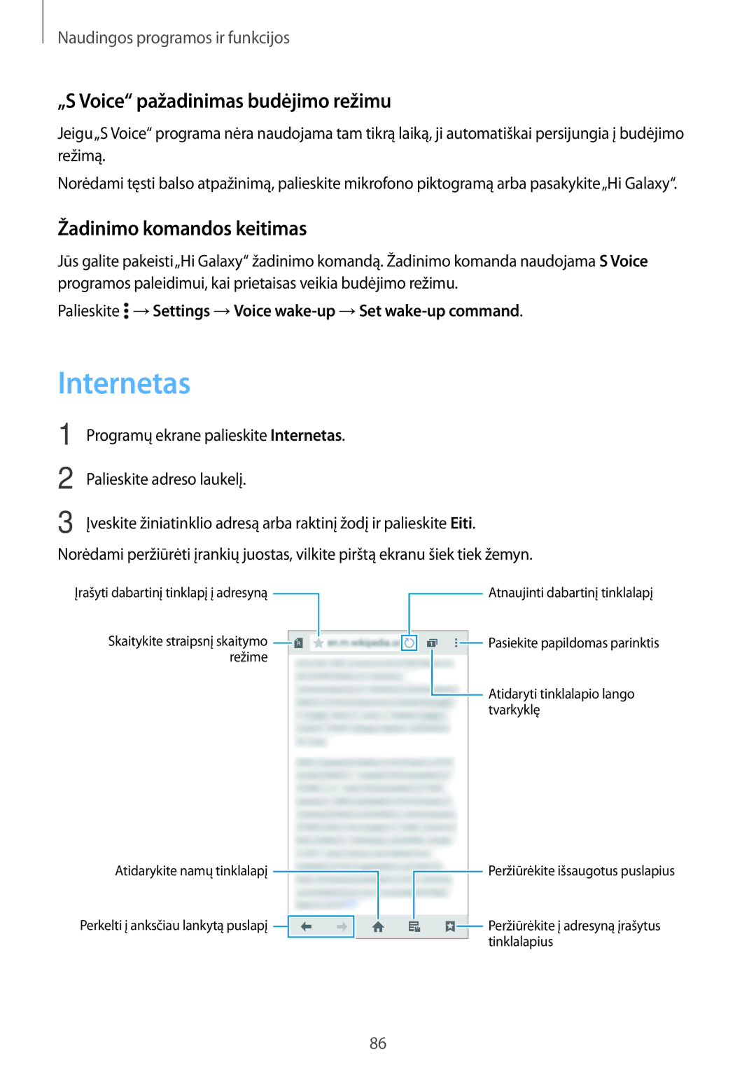 Samsung SM-A700FZKASEB, SM-A700FZDASEB manual Internetas, „S Voice pažadinimas budėjimo režimu, Žadinimo komandos keitimas 