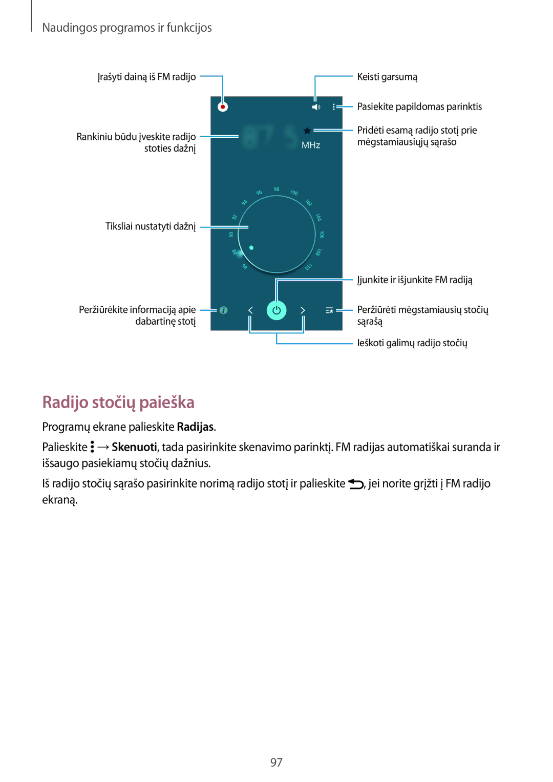 Samsung SM-A700FZWASEB, SM-A700FZDASEB, SM-A700FZKASEB manual Radijo stočių paieška 