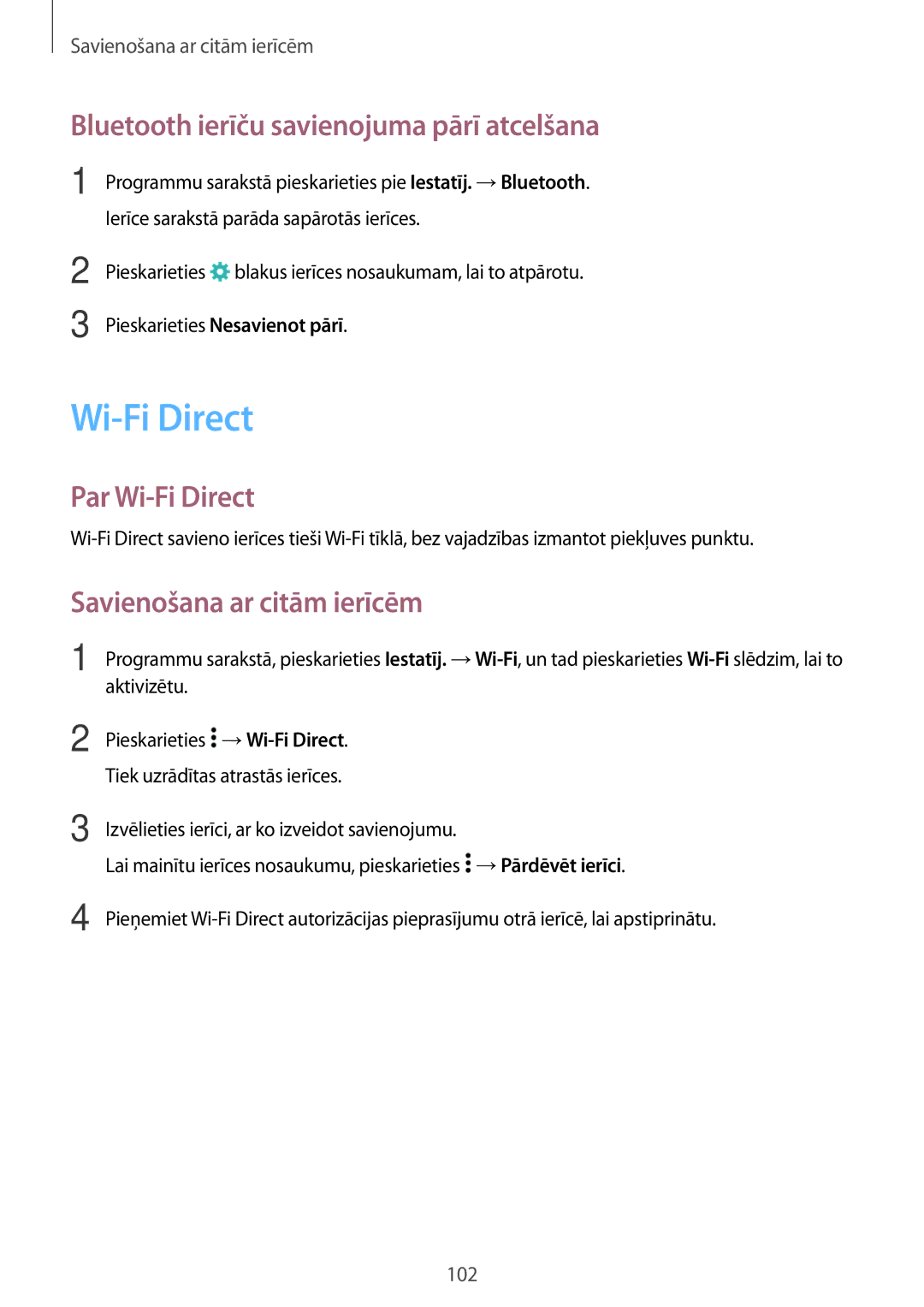 Samsung SM-A700FZDASEB Bluetooth ierīču savienojuma pārī atcelšana, Par Wi-Fi Direct, Savienošana ar citām ierīcēm 