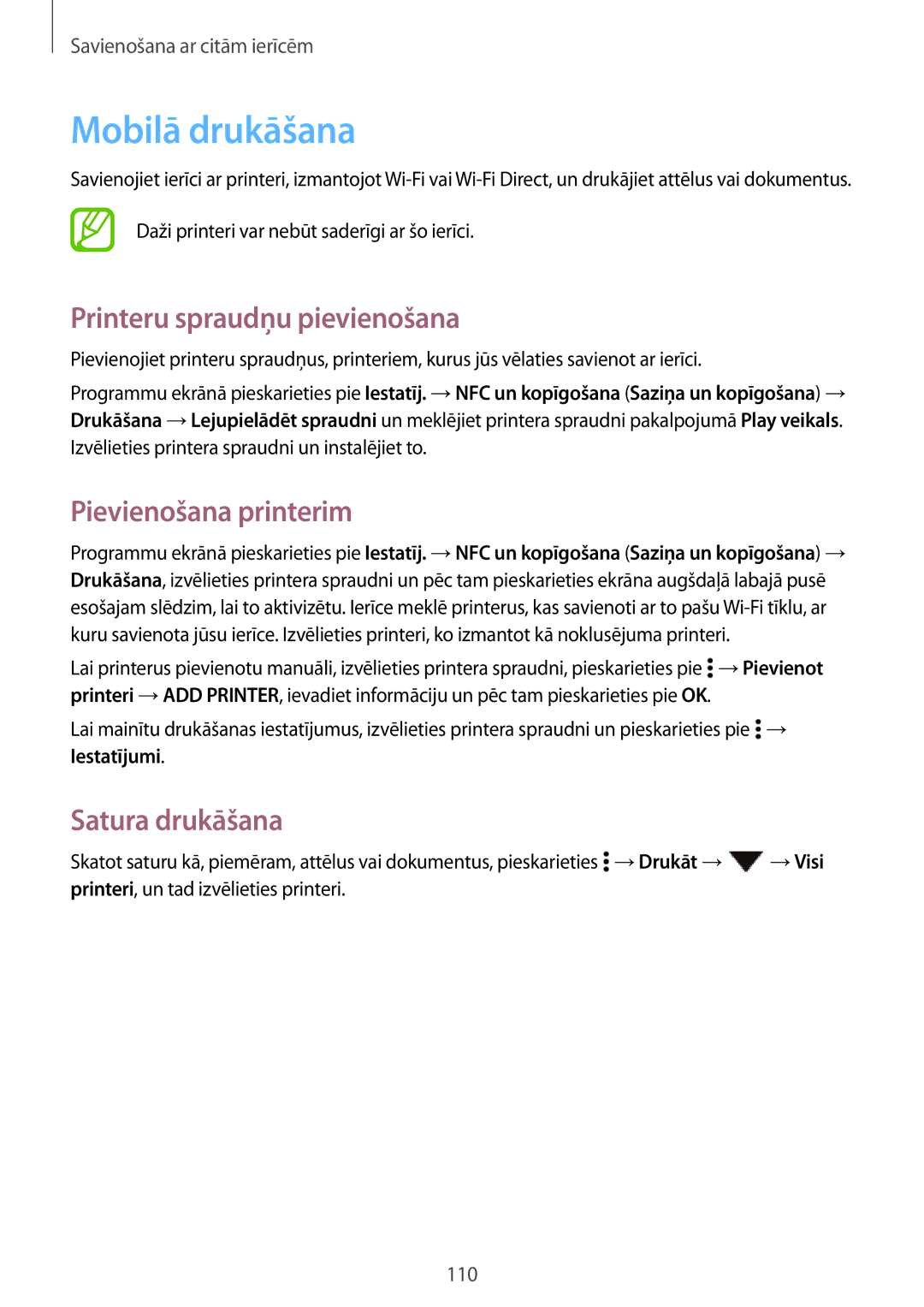 Samsung SM-A700FZKASEB manual Mobilā drukāšana, Printeru spraudņu pievienošana, Pievienošana printerim, Satura drukāšana 