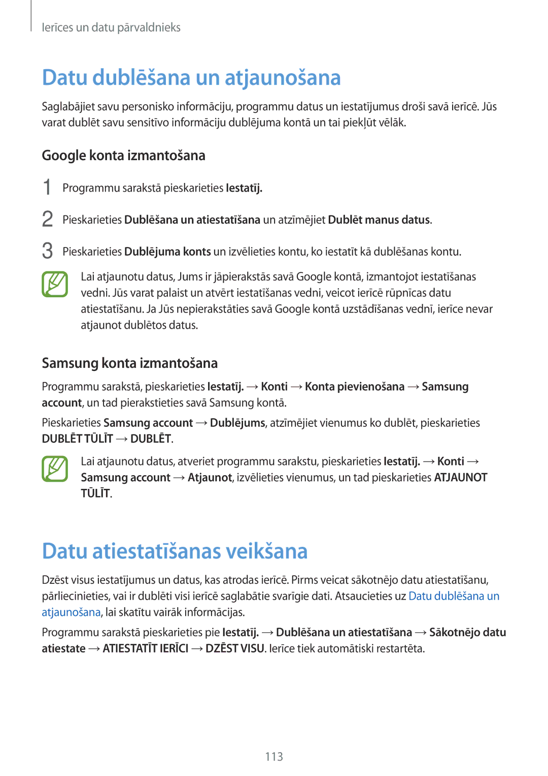 Samsung SM-A700FZKASEB manual Datu dublēšana un atjaunošana, Datu atiestatīšanas veikšana, Google konta izmantošana 