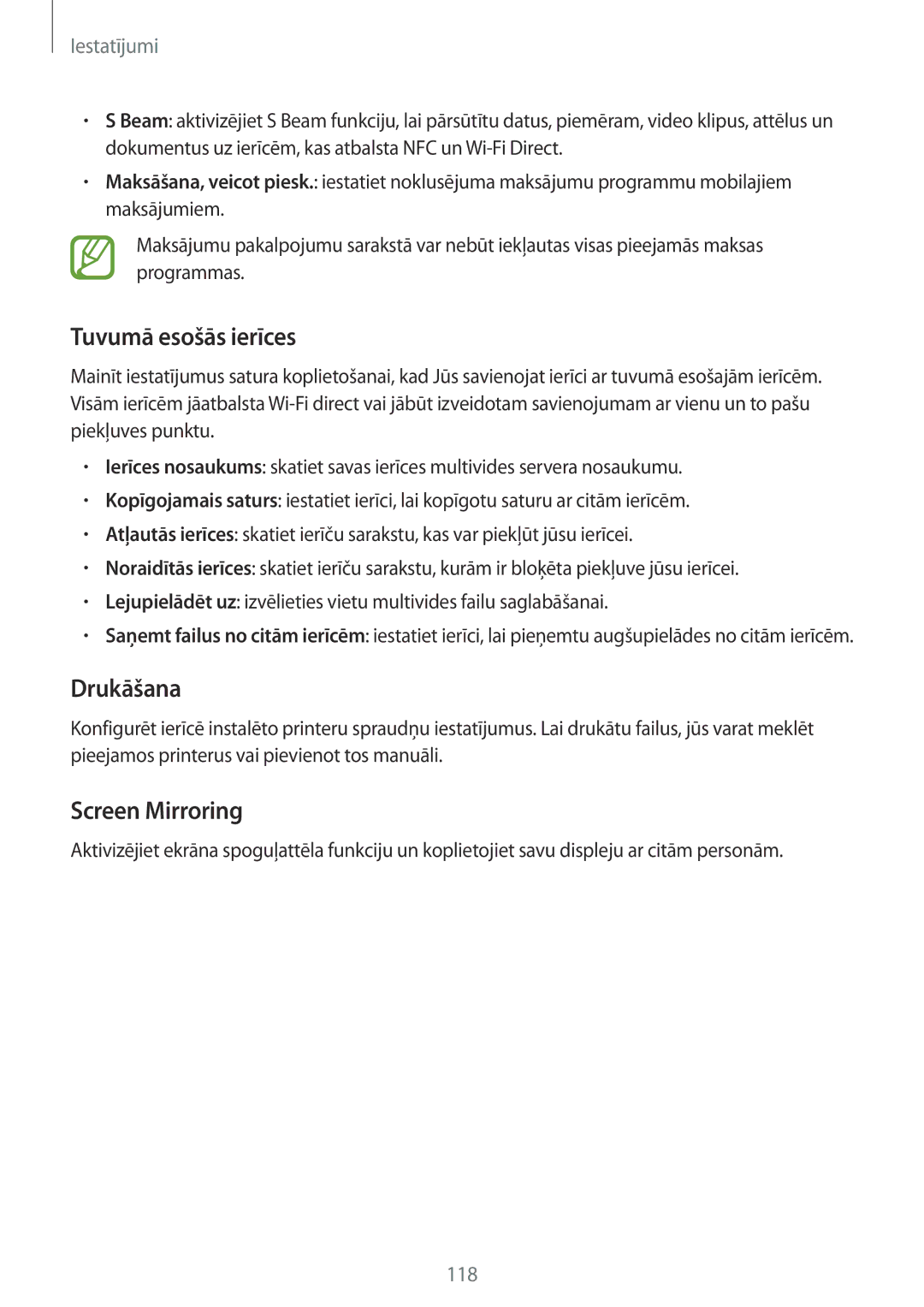 Samsung SM-A700FZWASEB, SM-A700FZDASEB, SM-A700FZKASEB manual Tuvumā esošās ierīces, Drukāšana, Screen Mirroring 