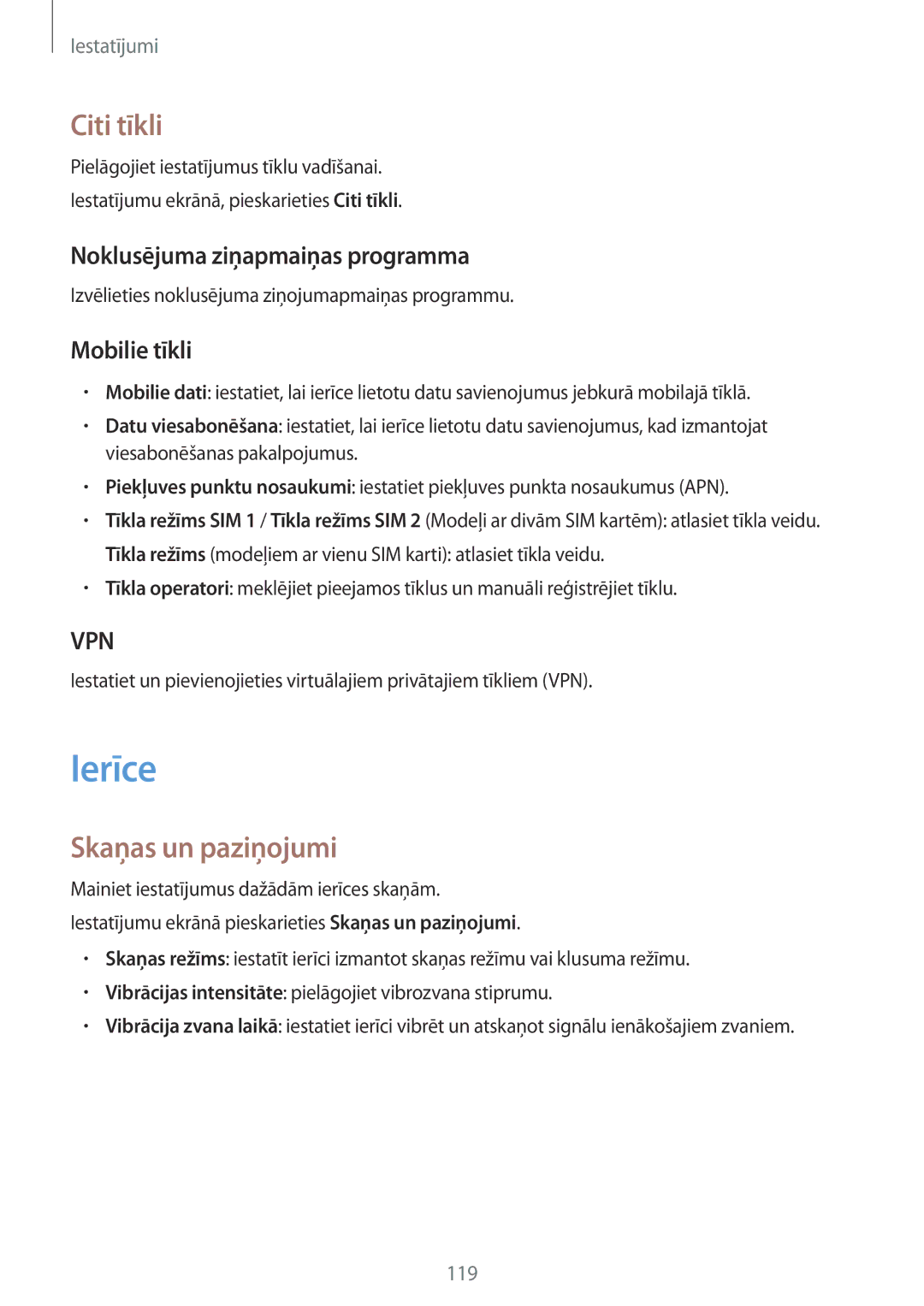 Samsung SM-A700FZKASEB manual Ierīce, Citi tīkli, Skaņas un paziņojumi, Noklusējuma ziņapmaiņas programma, Mobilie tīkli 