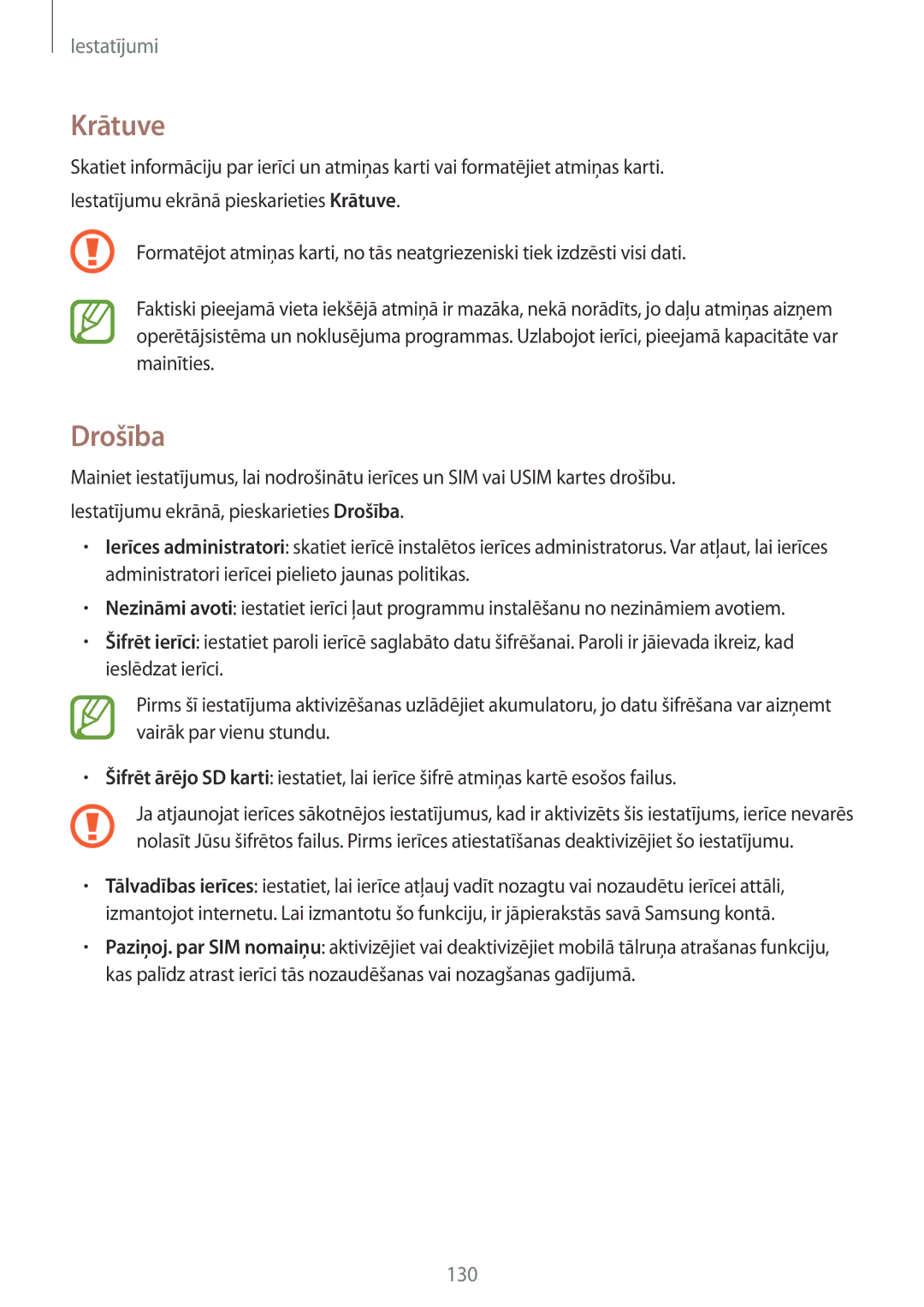 Samsung SM-A700FZWASEB, SM-A700FZDASEB, SM-A700FZKASEB manual Krātuve, Drošība 