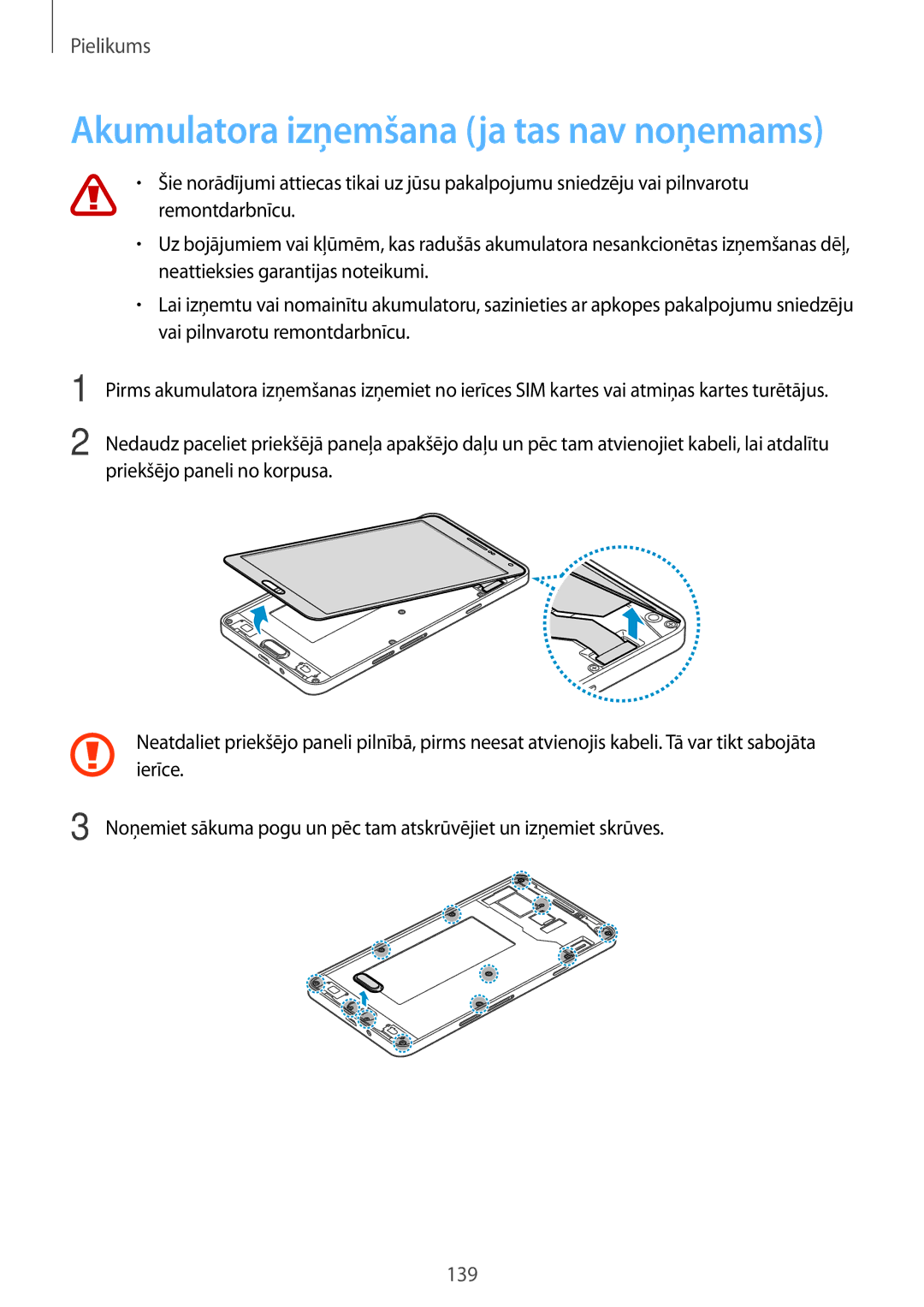 Samsung SM-A700FZWASEB, SM-A700FZDASEB, SM-A700FZKASEB manual Akumulatora izņemšana ja tas nav noņemams 