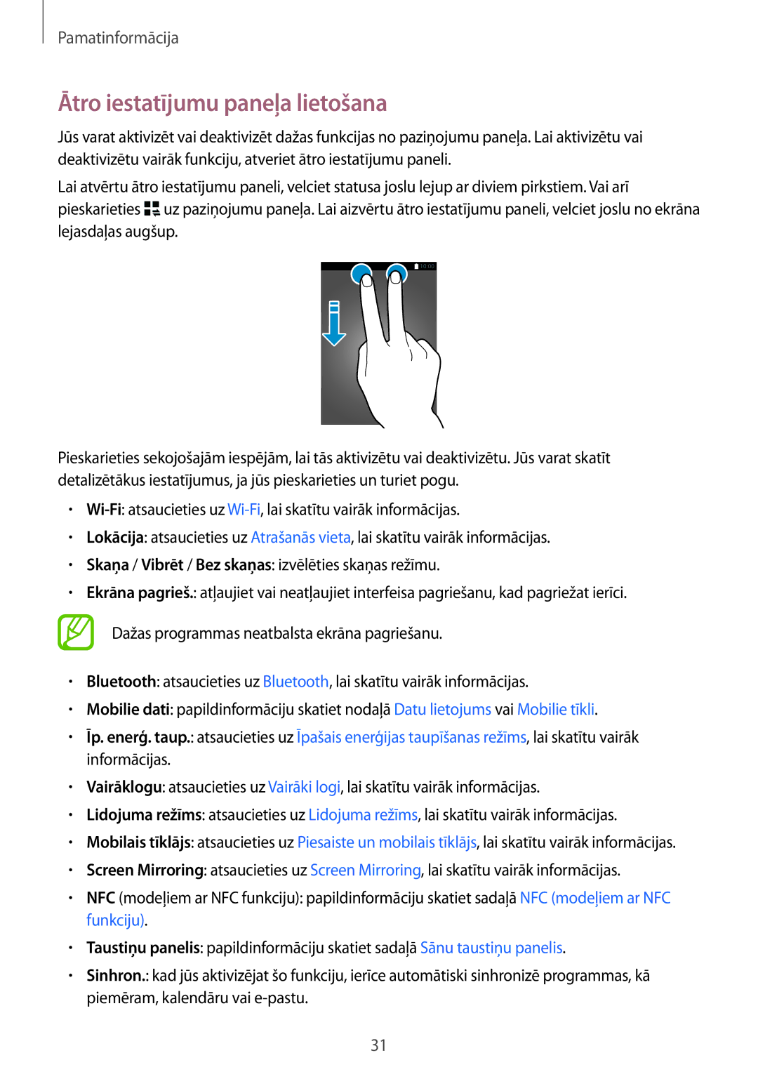 Samsung SM-A700FZWASEB, SM-A700FZDASEB, SM-A700FZKASEB manual Ātro iestatījumu paneļa lietošana 