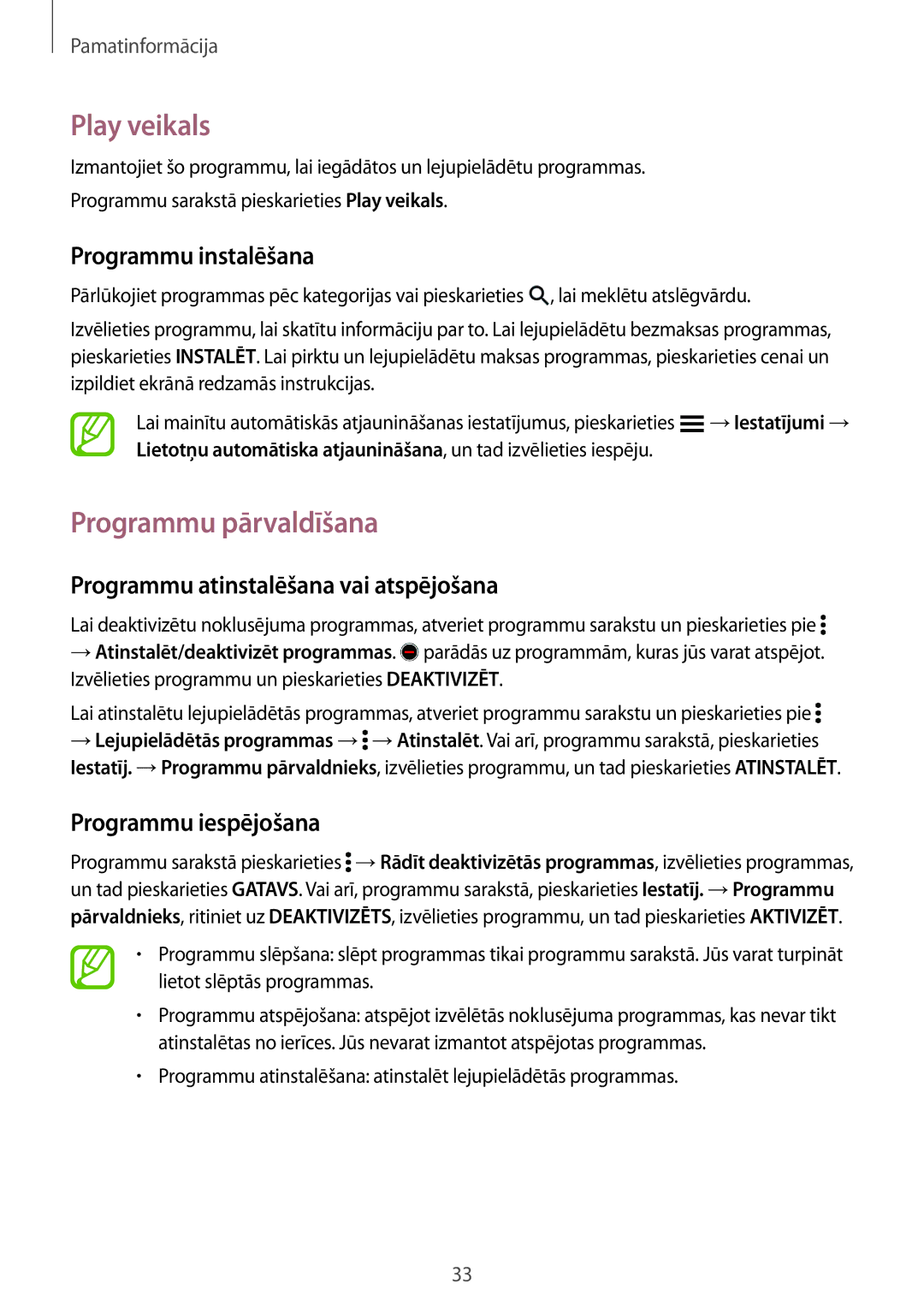 Samsung SM-A700FZDASEB, SM-A700FZWASEB manual Play veikals, Programmu pārvaldīšana, Programmu atinstalēšana vai atspējošana 