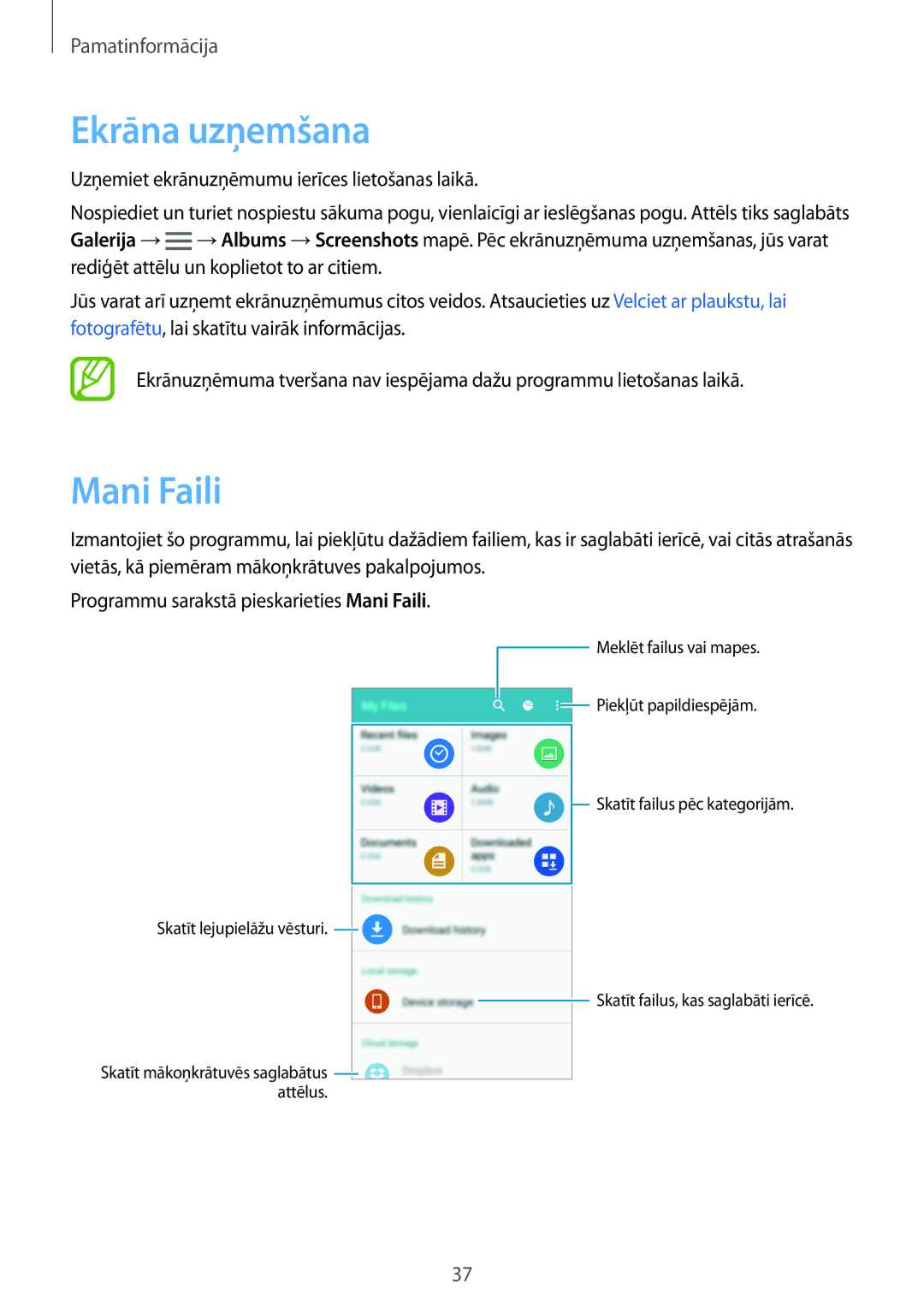 Samsung SM-A700FZWASEB, SM-A700FZDASEB, SM-A700FZKASEB manual Ekrāna uzņemšana, Mani Faili 