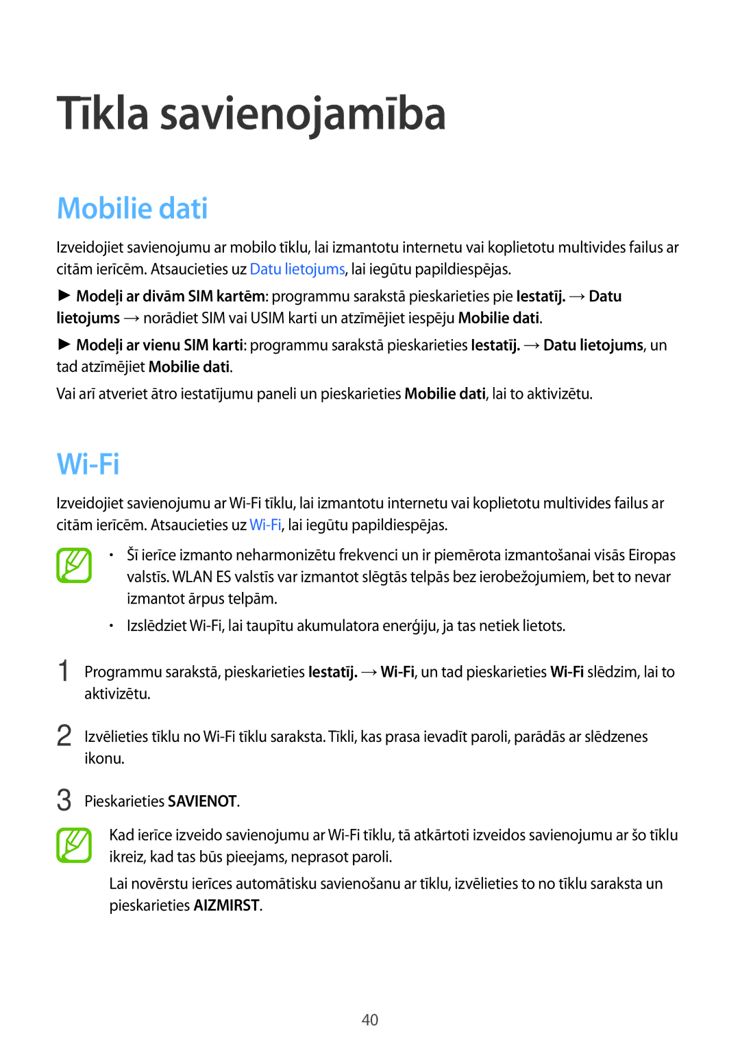 Samsung SM-A700FZWASEB, SM-A700FZDASEB, SM-A700FZKASEB manual Tīkla savienojamība, Mobilie dati, Wi-Fi 